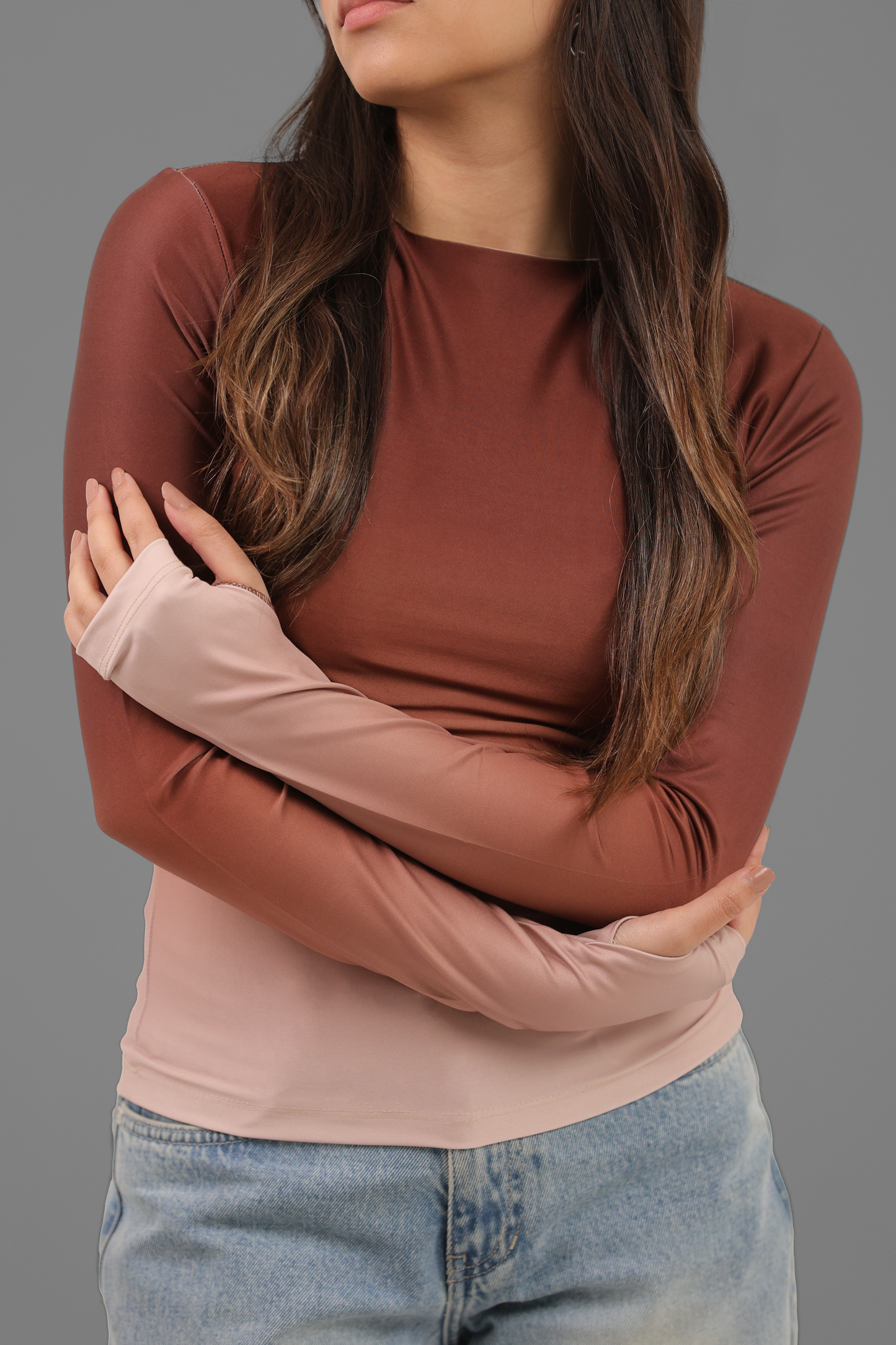 Brown Gradient Long Sleeve Top with Finger Hole