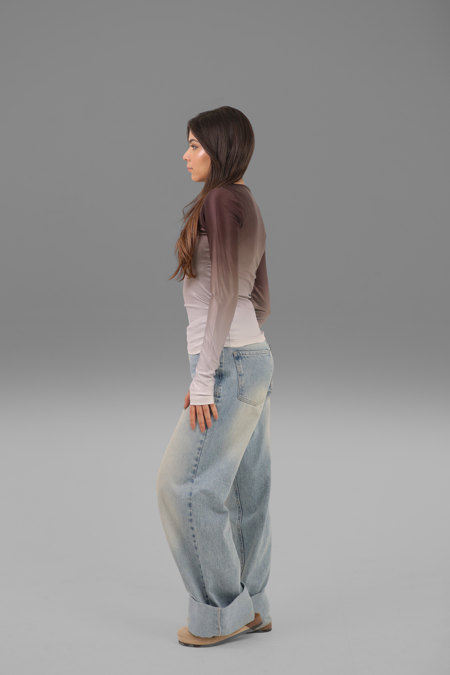 Black Gradient Long Sleeve Top with Finger Hole