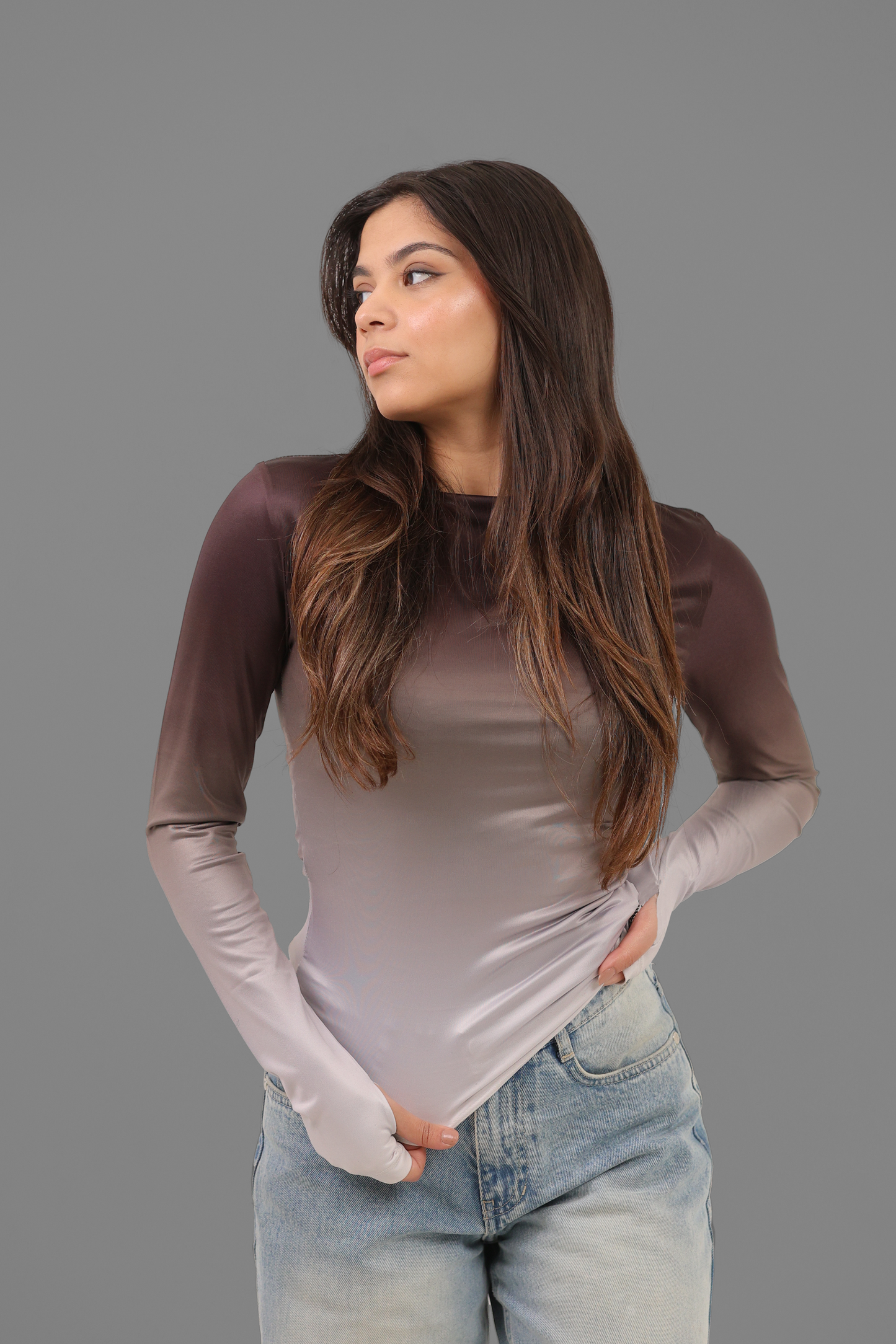 Black Gradient Long Sleeve Top with Finger Hole