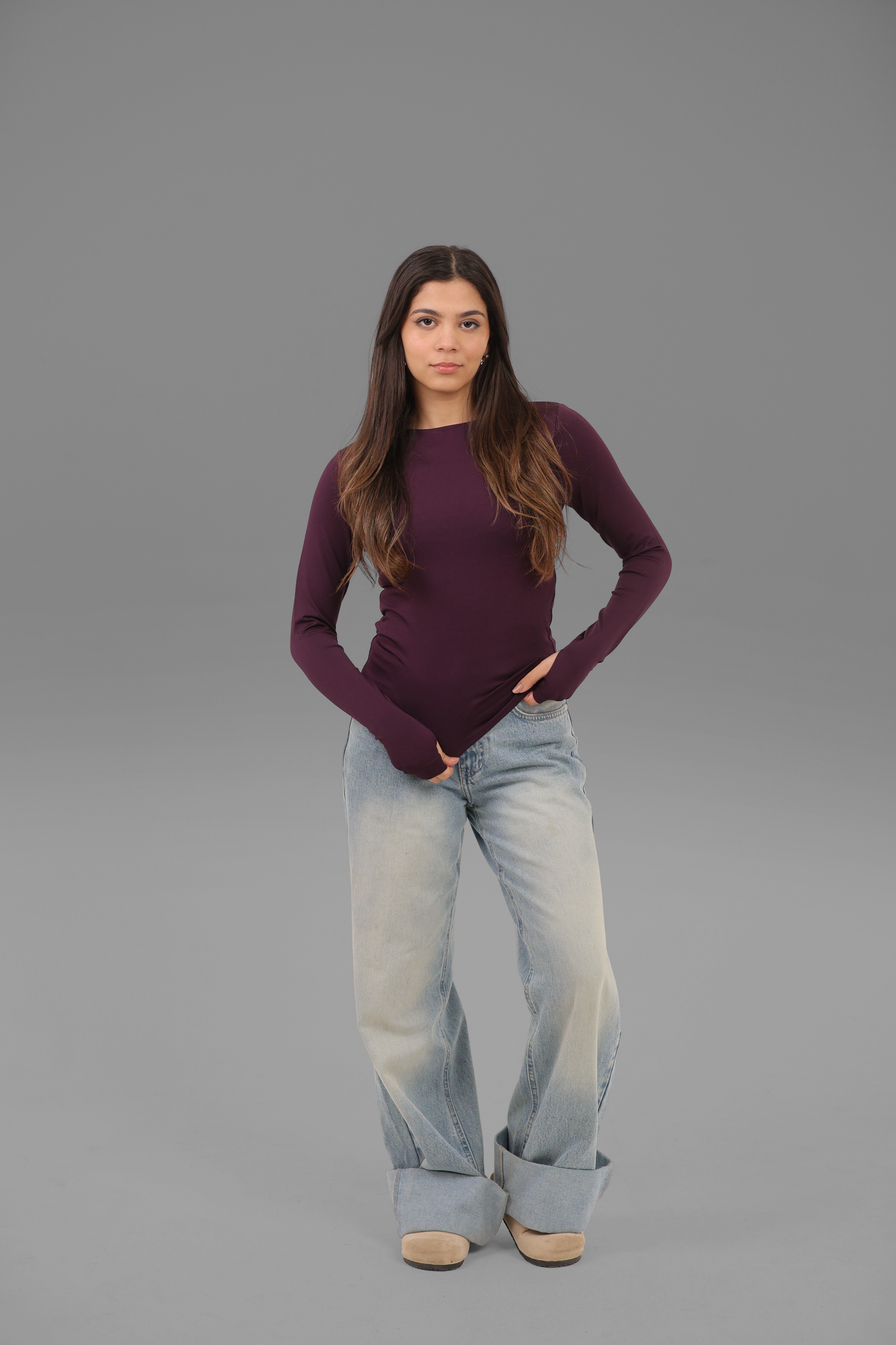 Aubergine Long Sleeve Top with Finger Hole