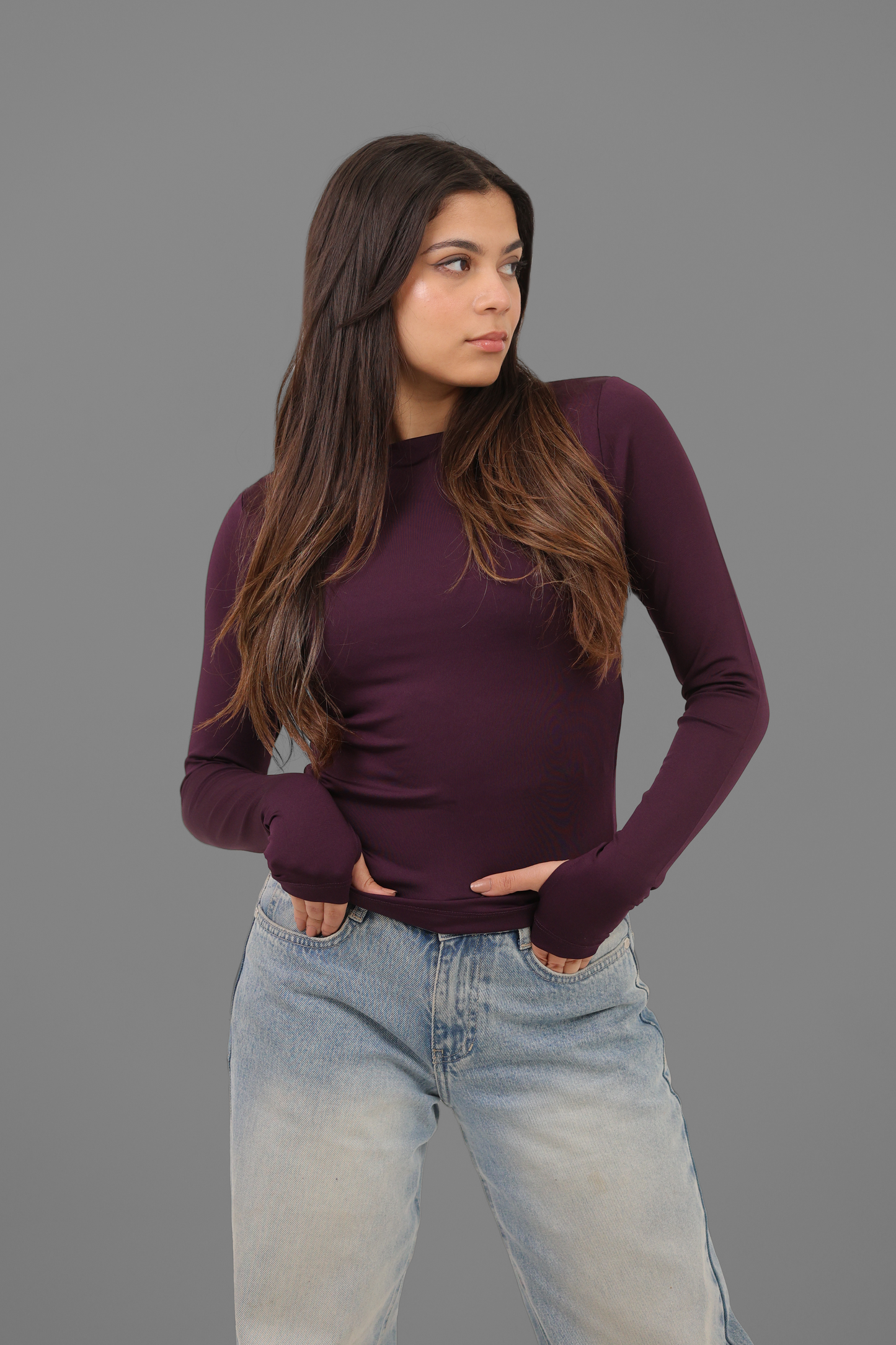 Aubergine Long Sleeve Top with Finger Hole