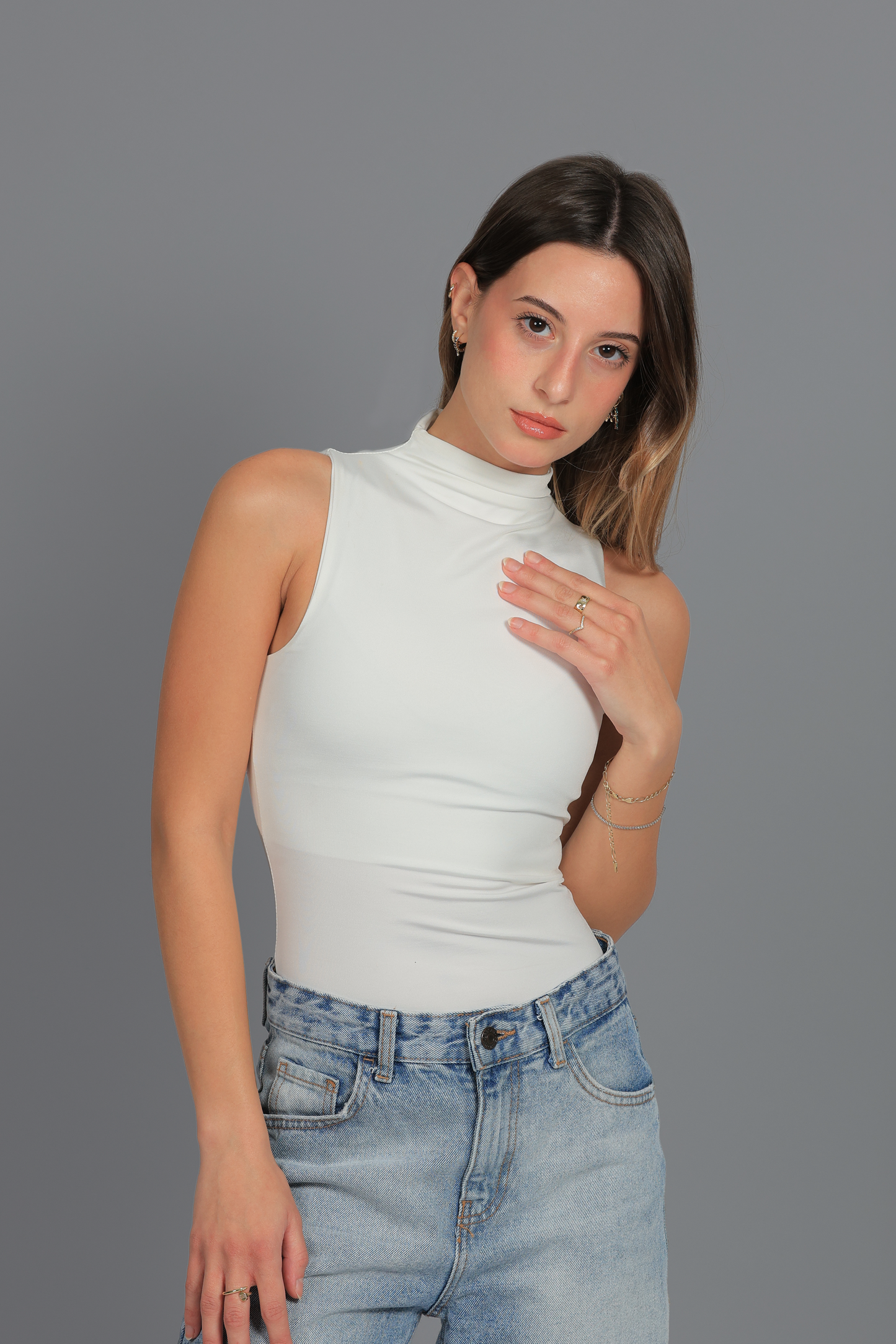 Off White Turtle Neck Sleeves Top