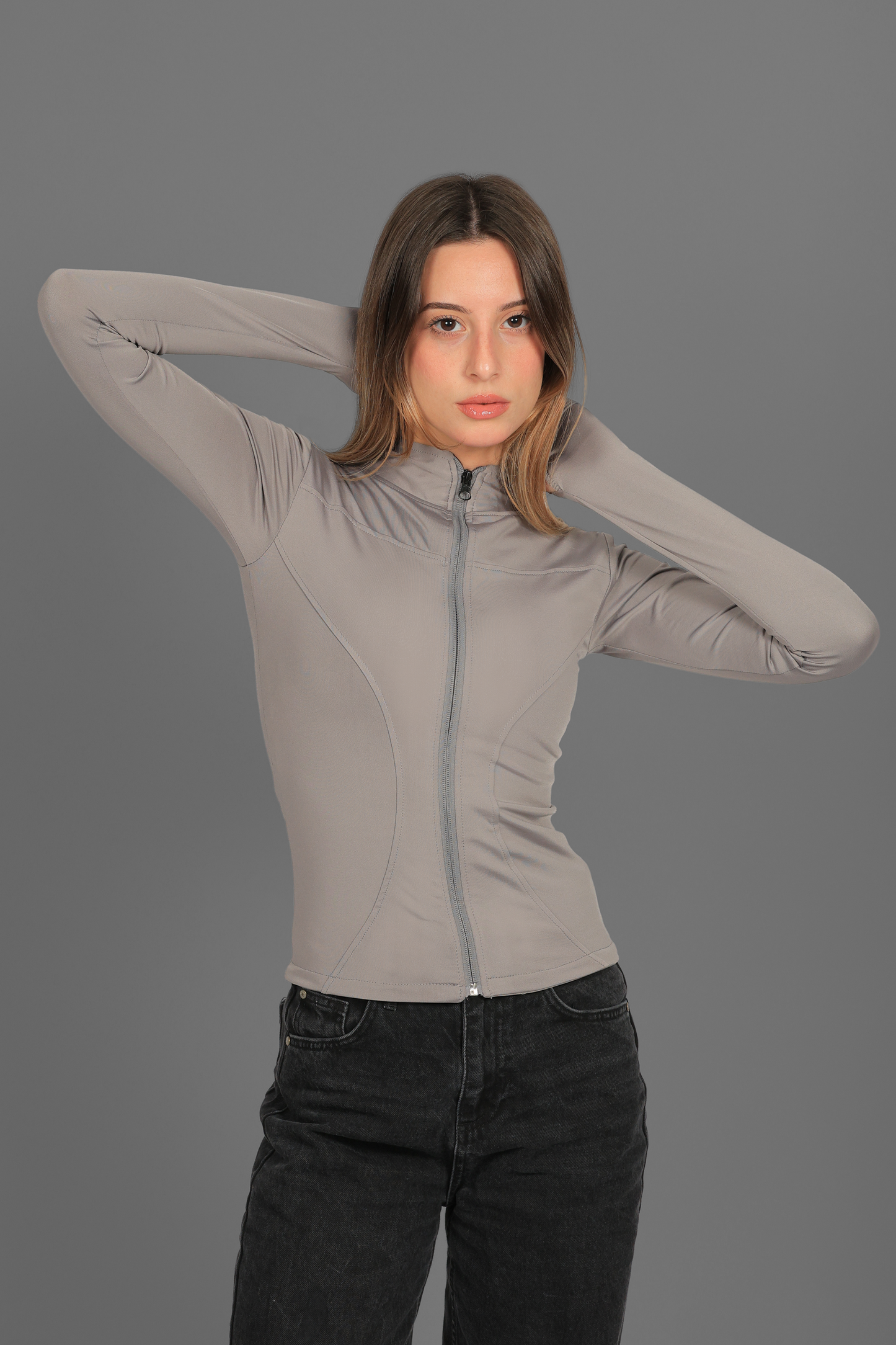 Grey Fitted Zip up Jacket with Finger-holes
