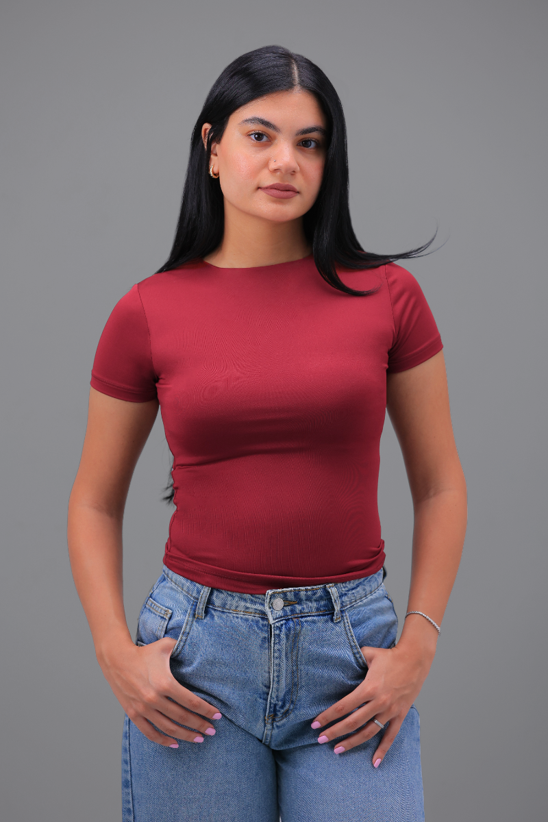 Maroon High Neck Short Sleeve Top