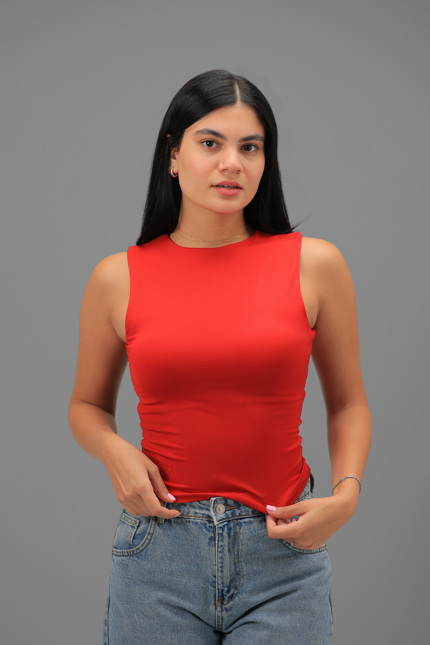 Red High Neck Tank Top