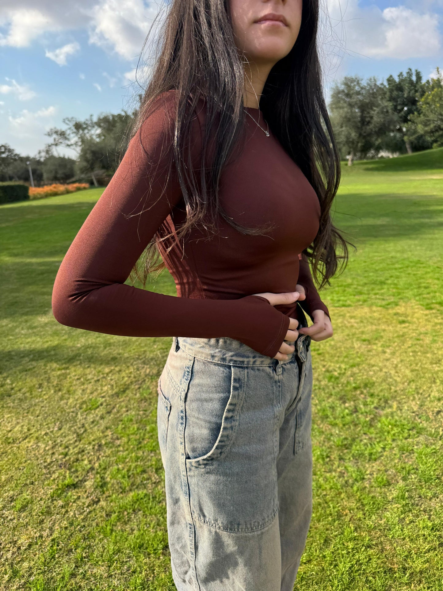 Brown Long Sleeve Top with Finger Hole