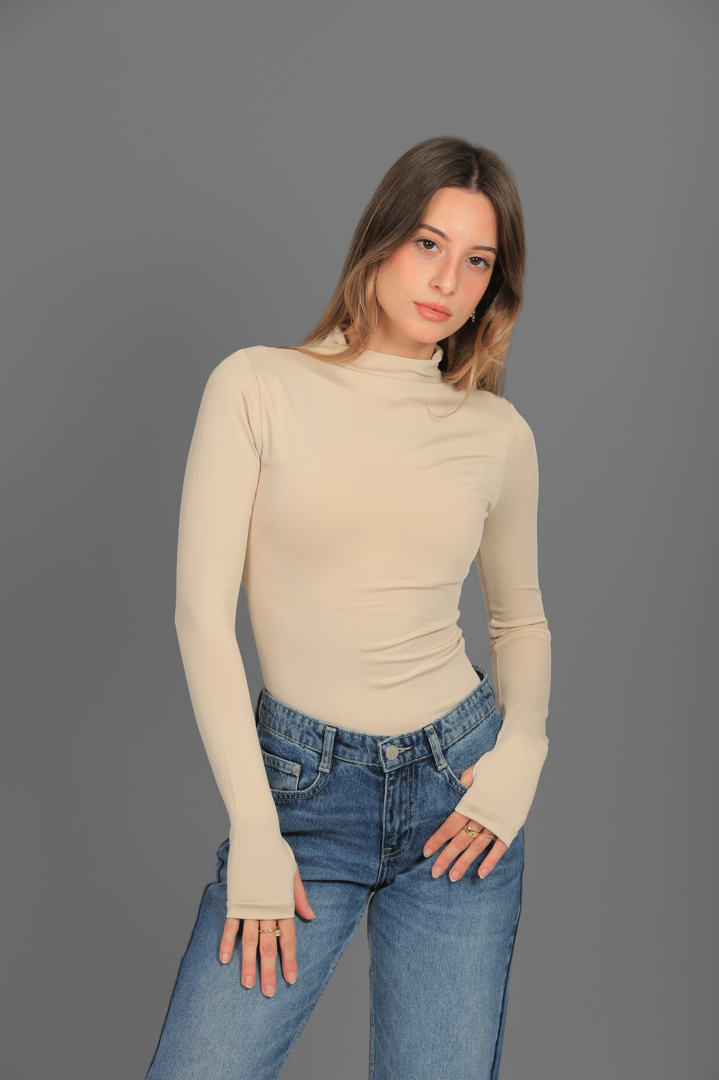 Beige Turtle Neck Long Sleeve Top