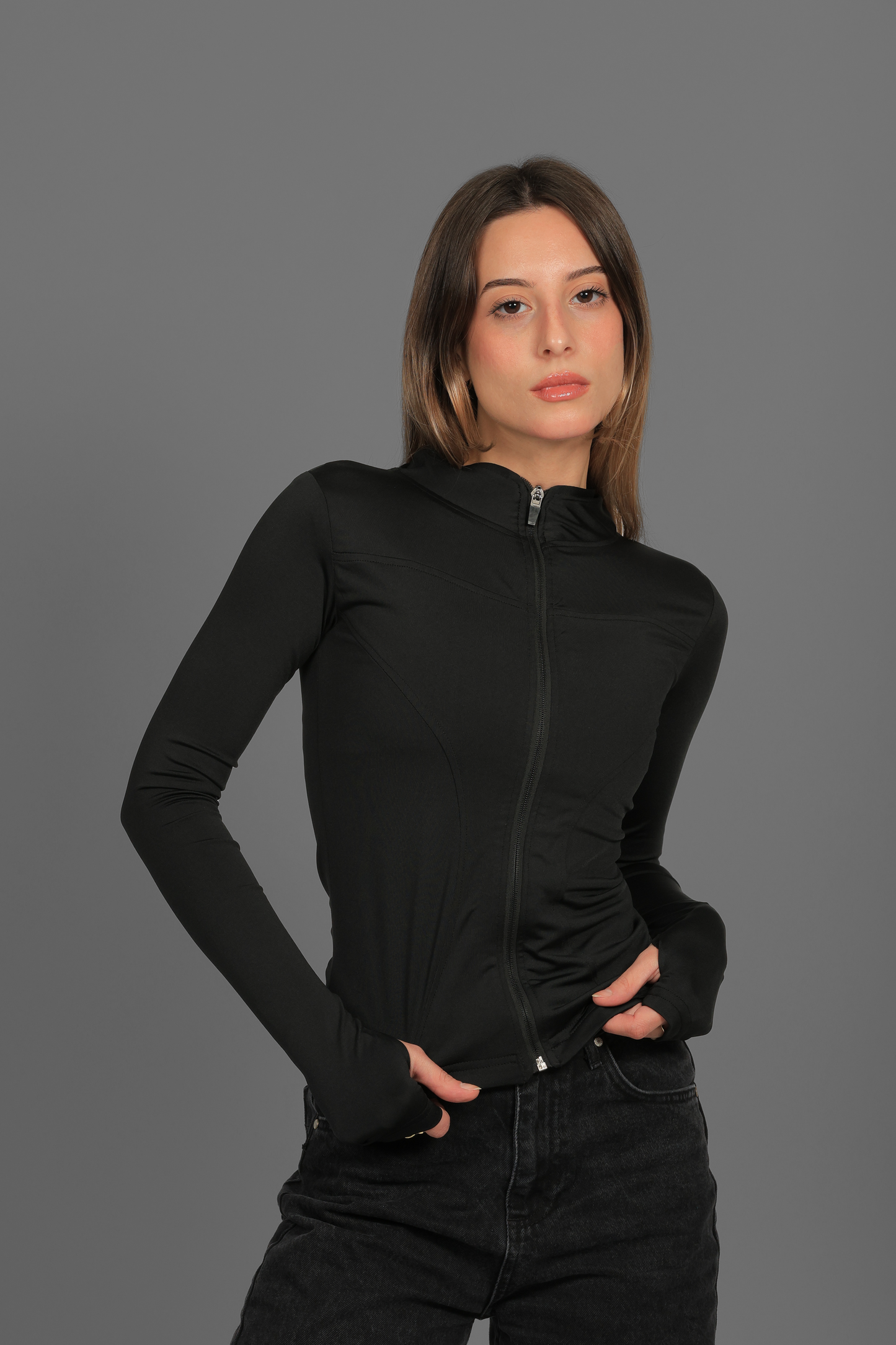 Black Fitted Zip up Jacket with Finger-holes