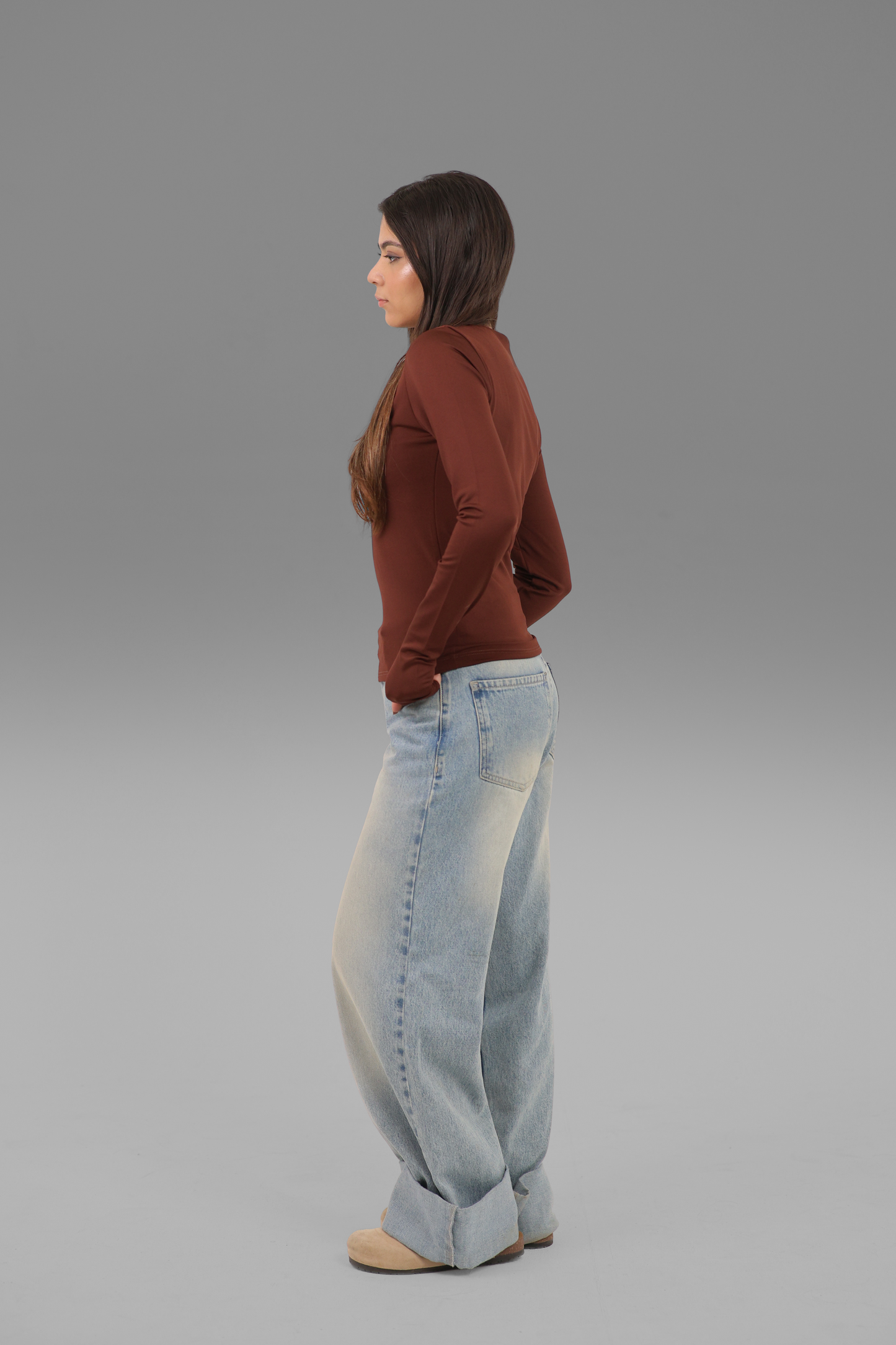 Brown Long Sleeve Top with Finger Hole