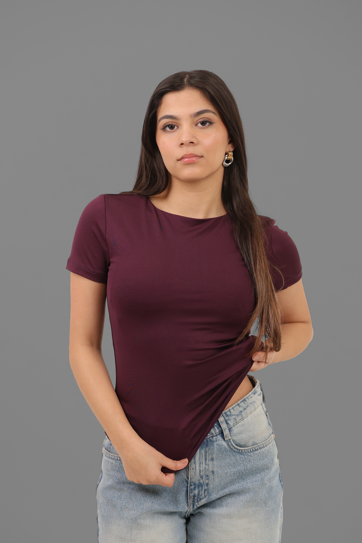 Aubergine High Neck Short Sleeve Top