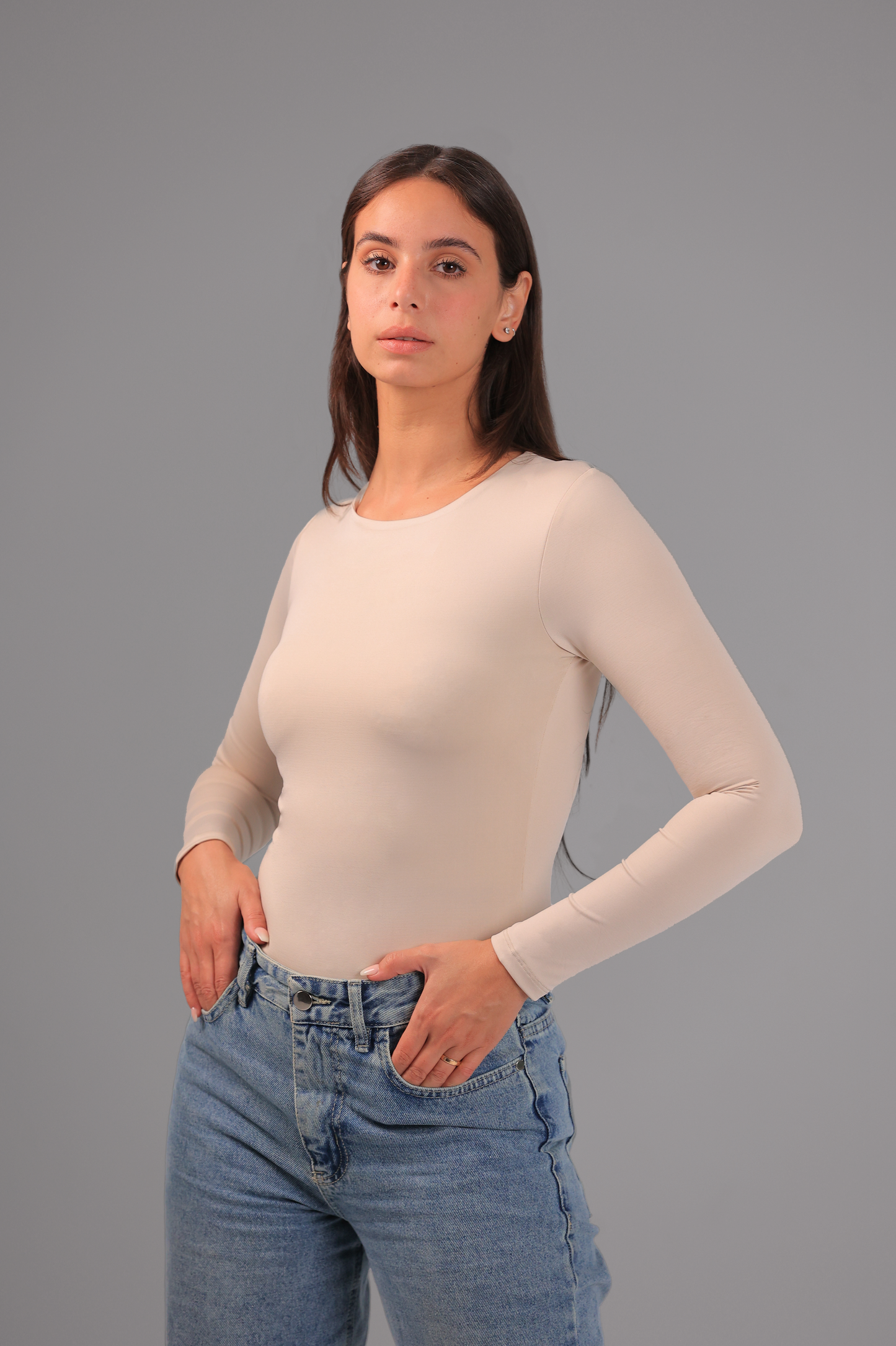 Beige Classic Long Sleeve Top