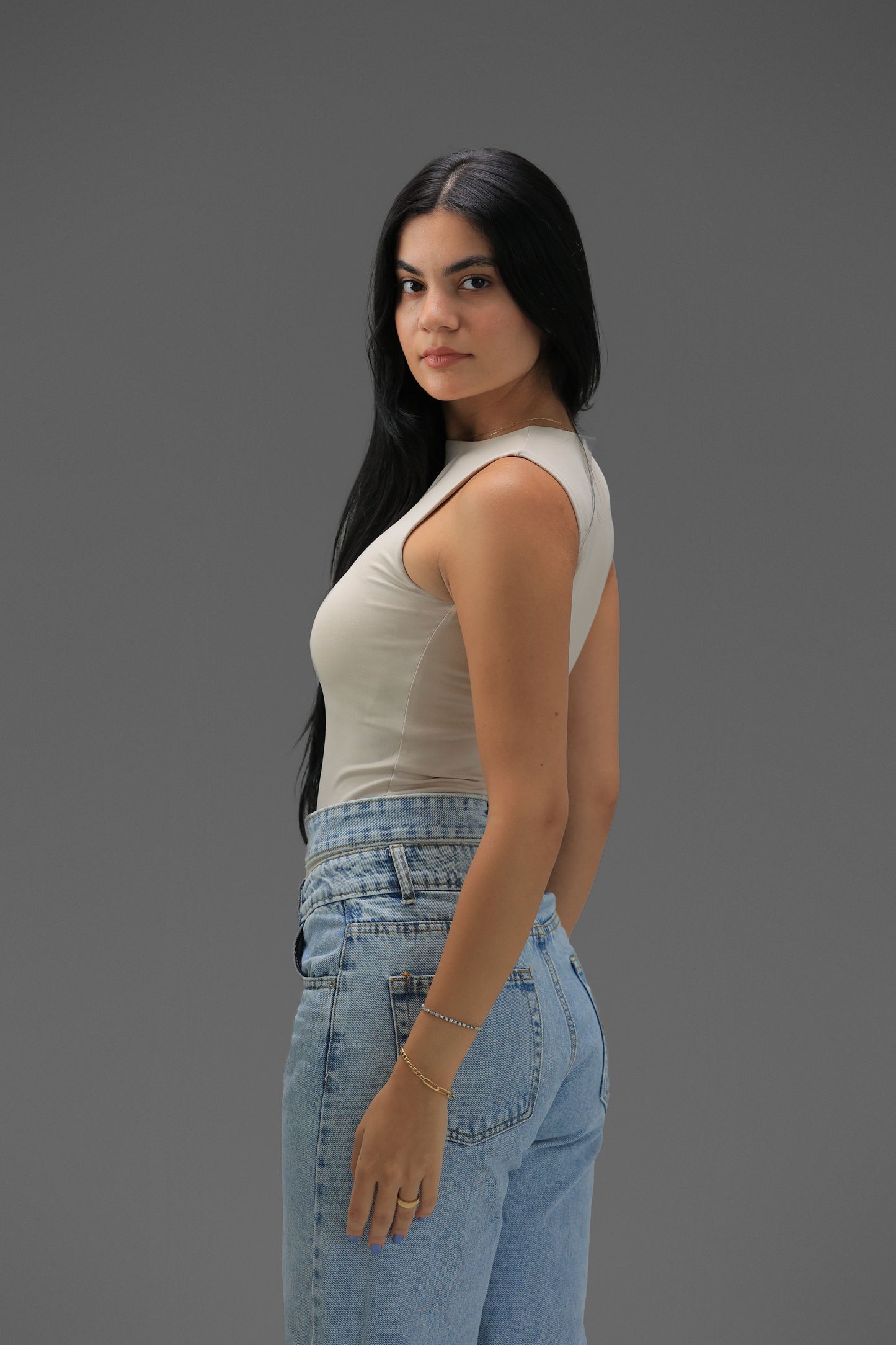 Beige High Neck Tank Top