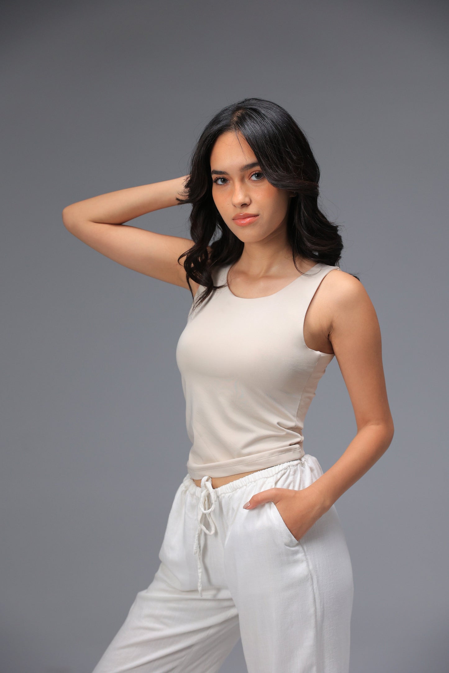 Beige Low Neck Tank Top