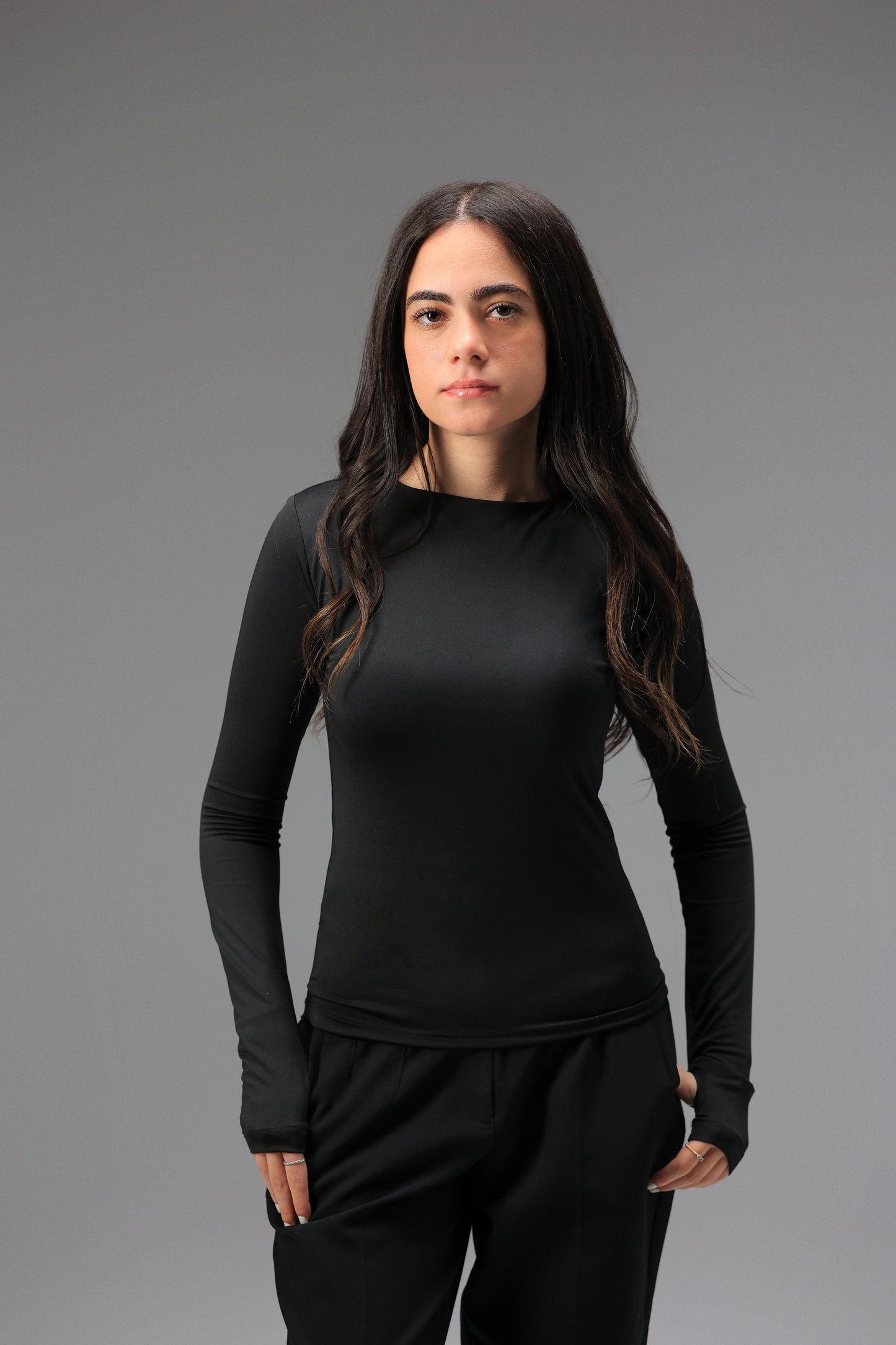 Black Long Sleeve Top with Finger Hole