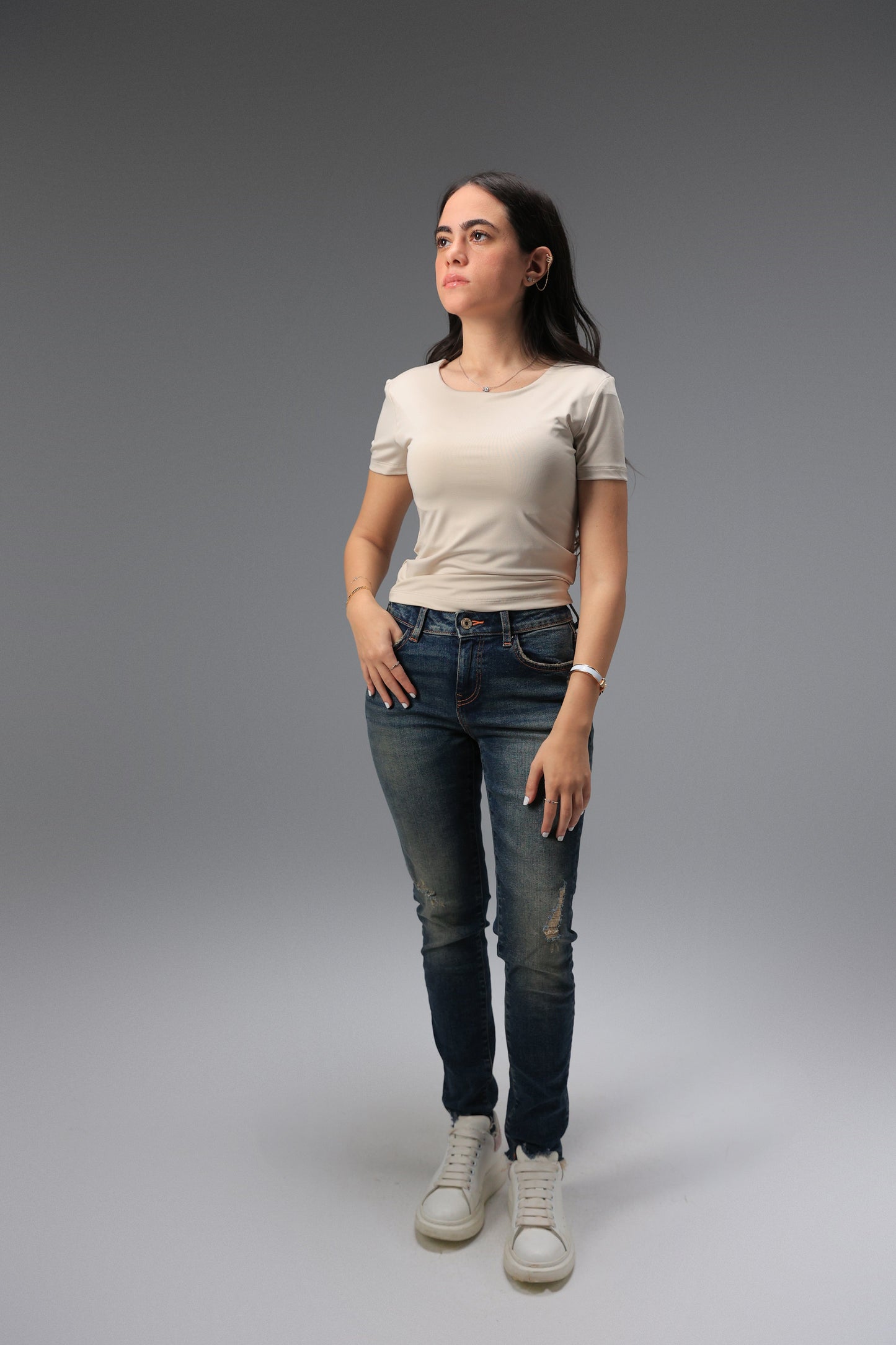Beige Classic Low Neck Short Sleeve Top