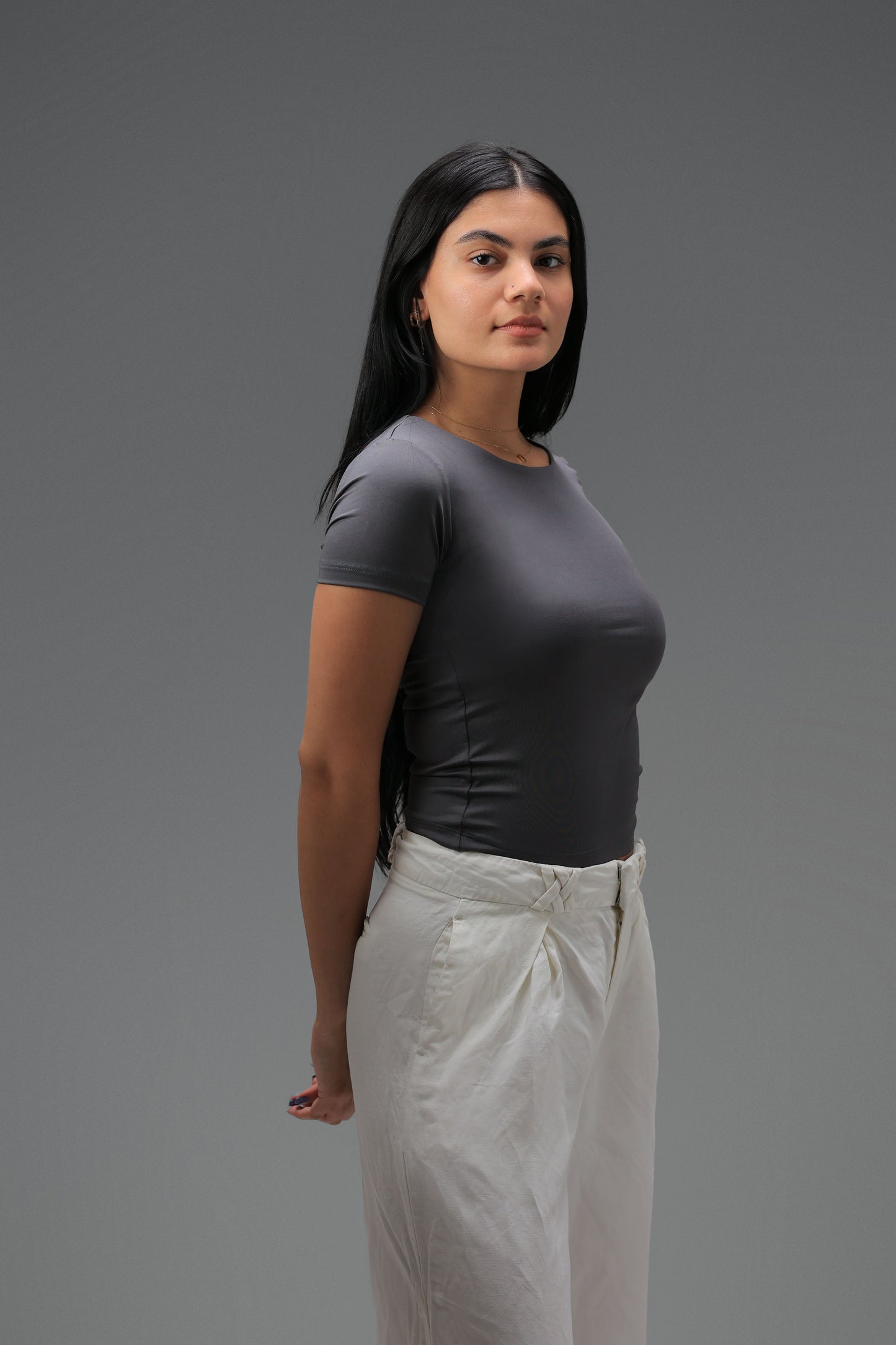 Charcoal Classic Low Neck Short Sleeve Top