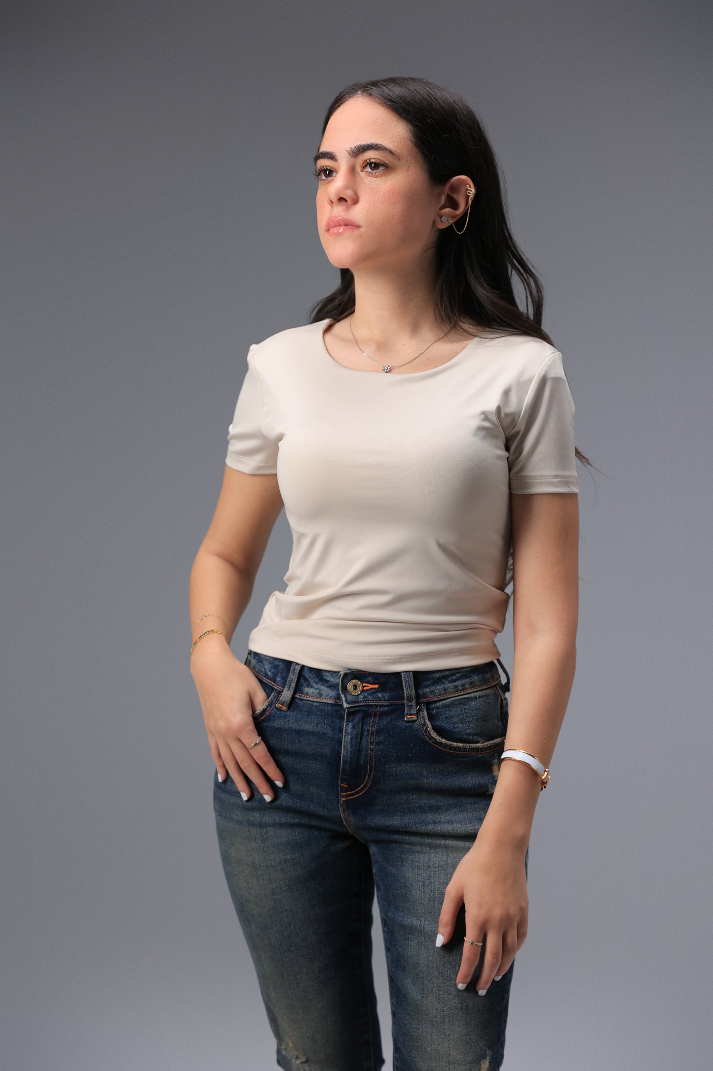Beige Classic Low Neck Short Sleeve Top