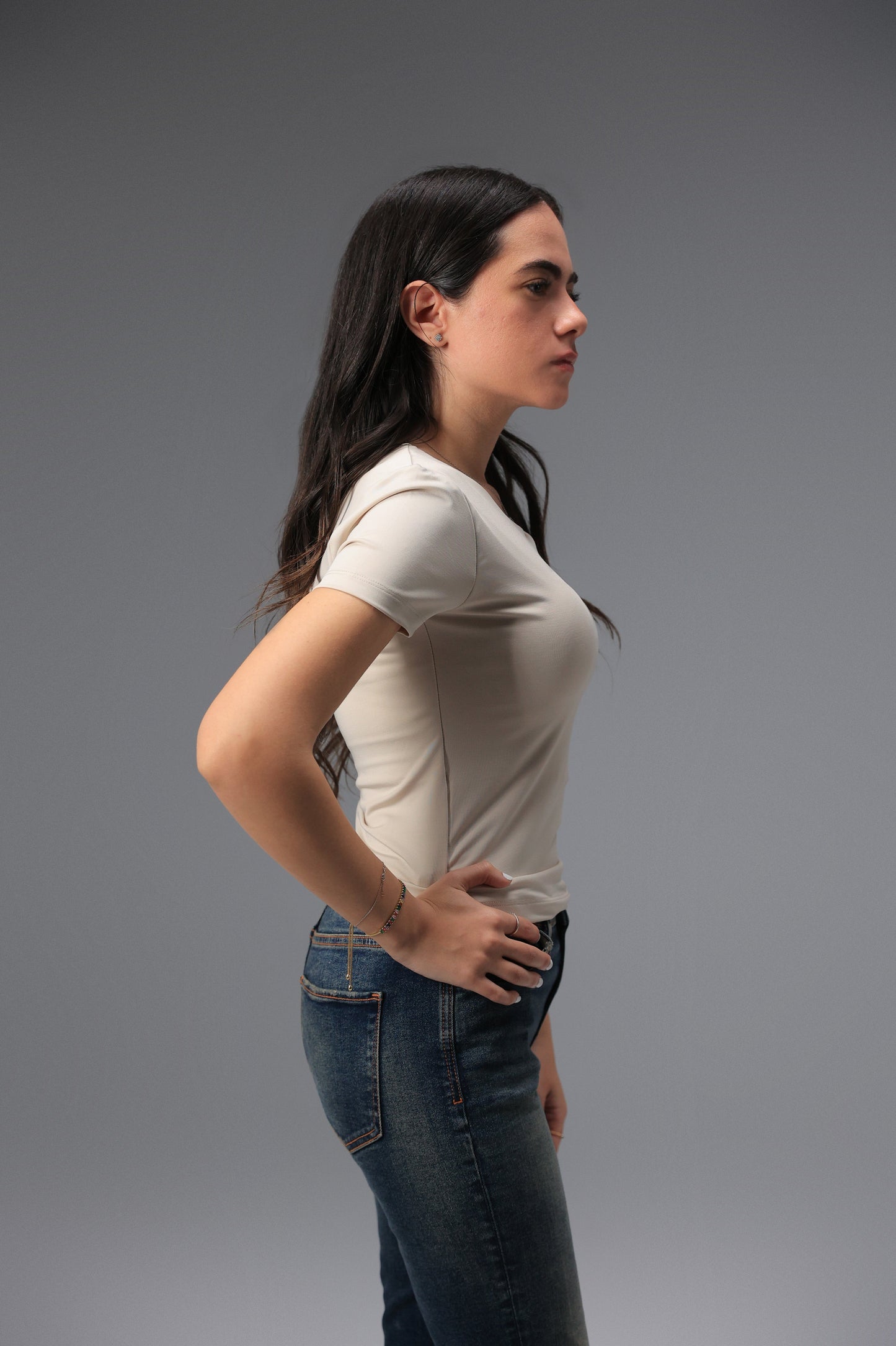 Beige Classic Low Neck Short Sleeve Top