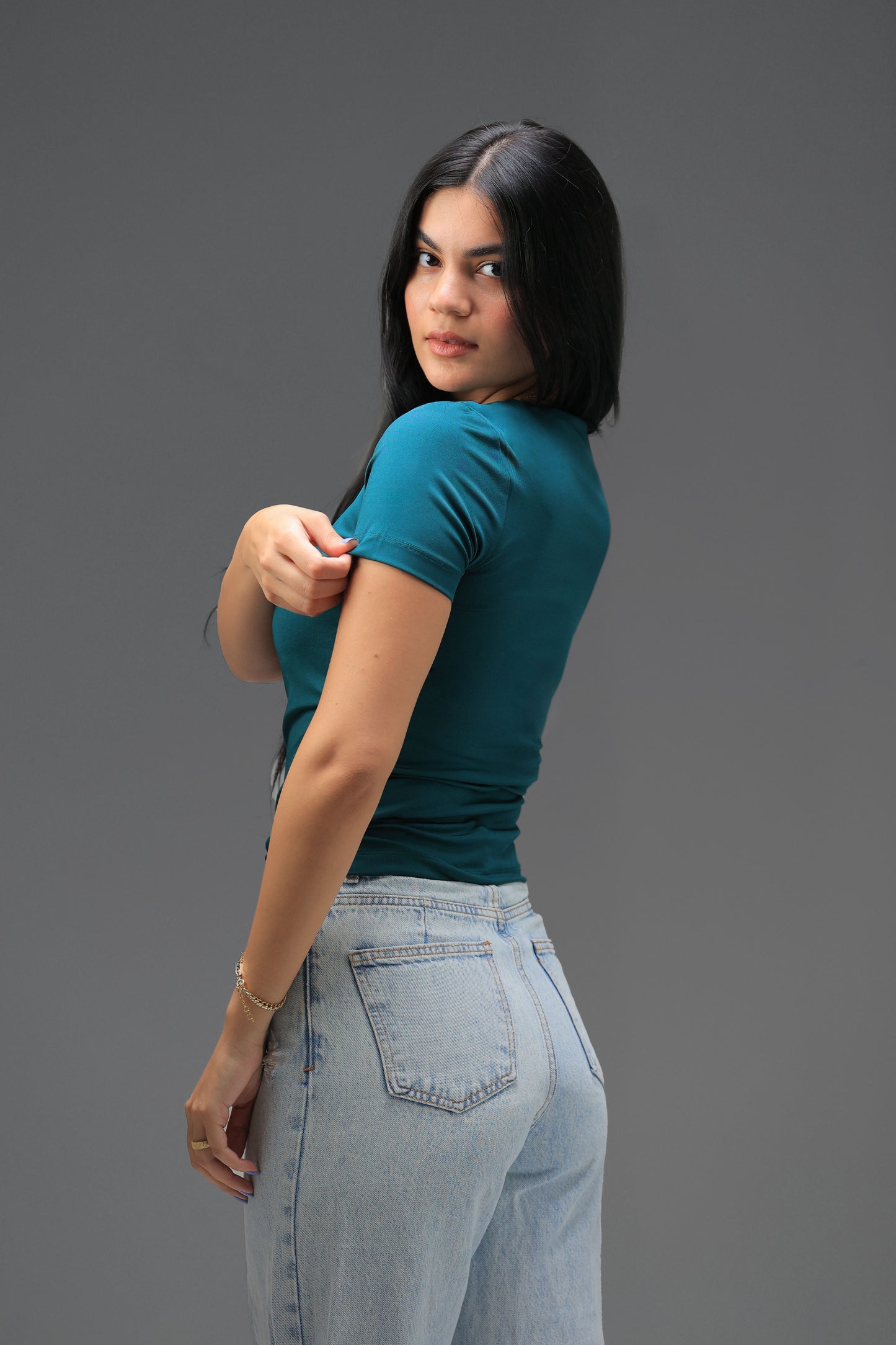 Teal High Neck Short Sleeve Top