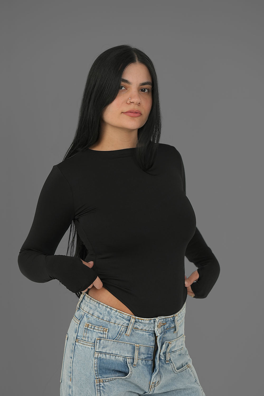 Women’s Black Long Sleeve Bodysuit with Thumbhole – Lightweight Soft Stretch Basic, Made in Egypt