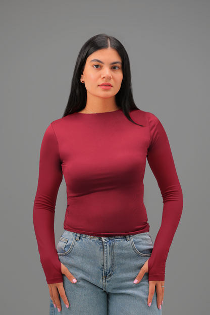 Maroon Long Sleeve Top with Finger Hole
