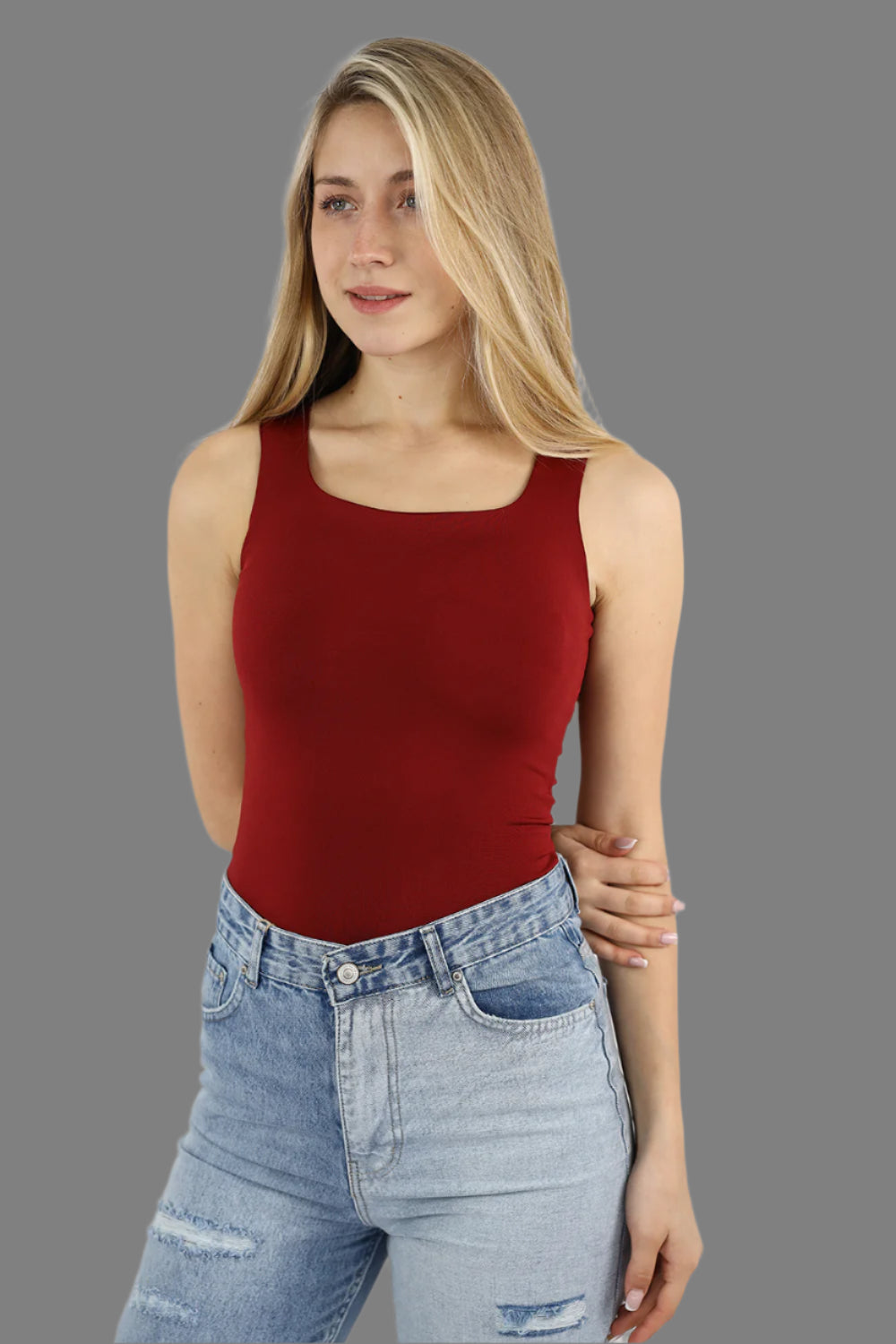 Maroon Squared Neck Tank Top