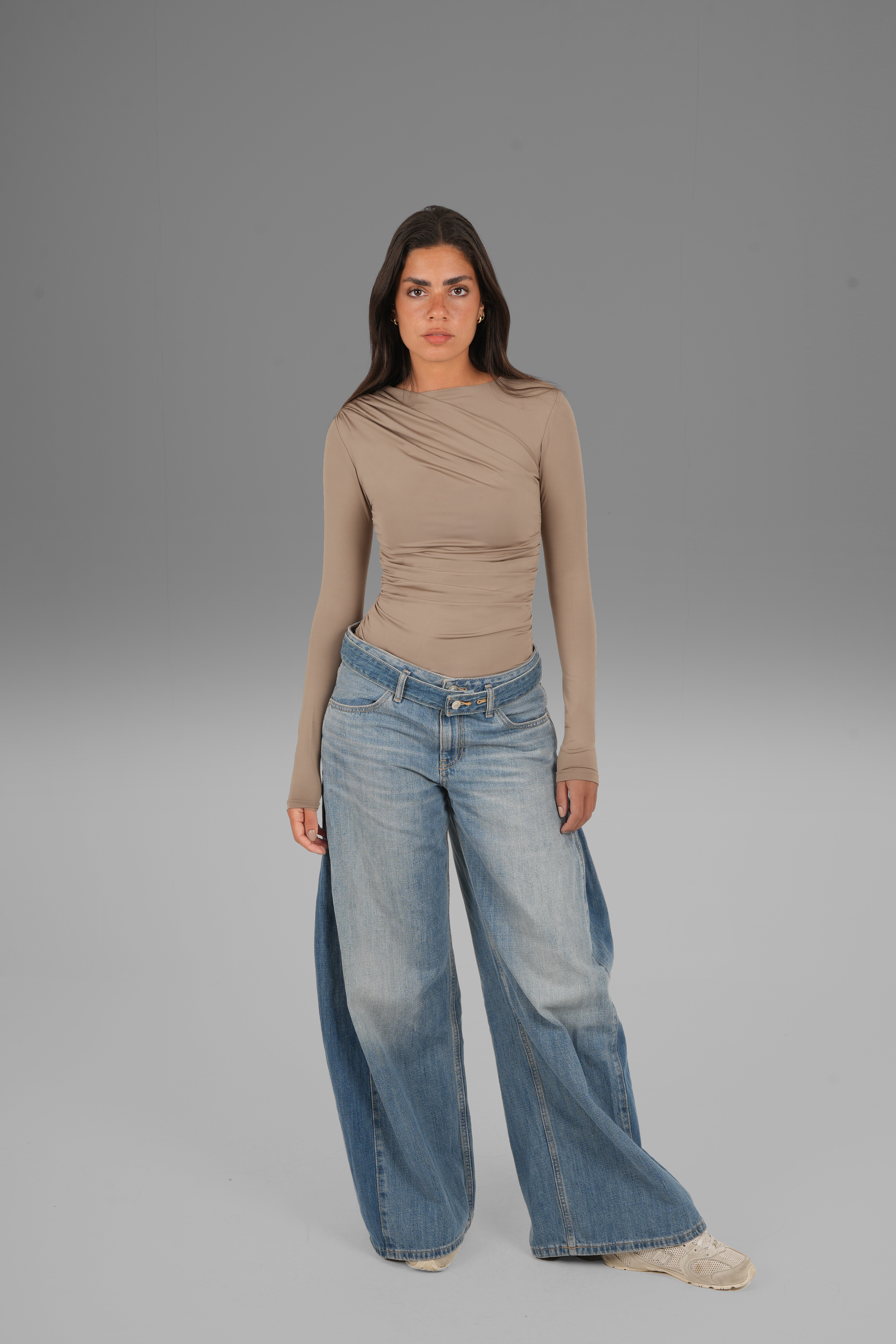 Draped Long Sleeve Top with Thumbhole - Café