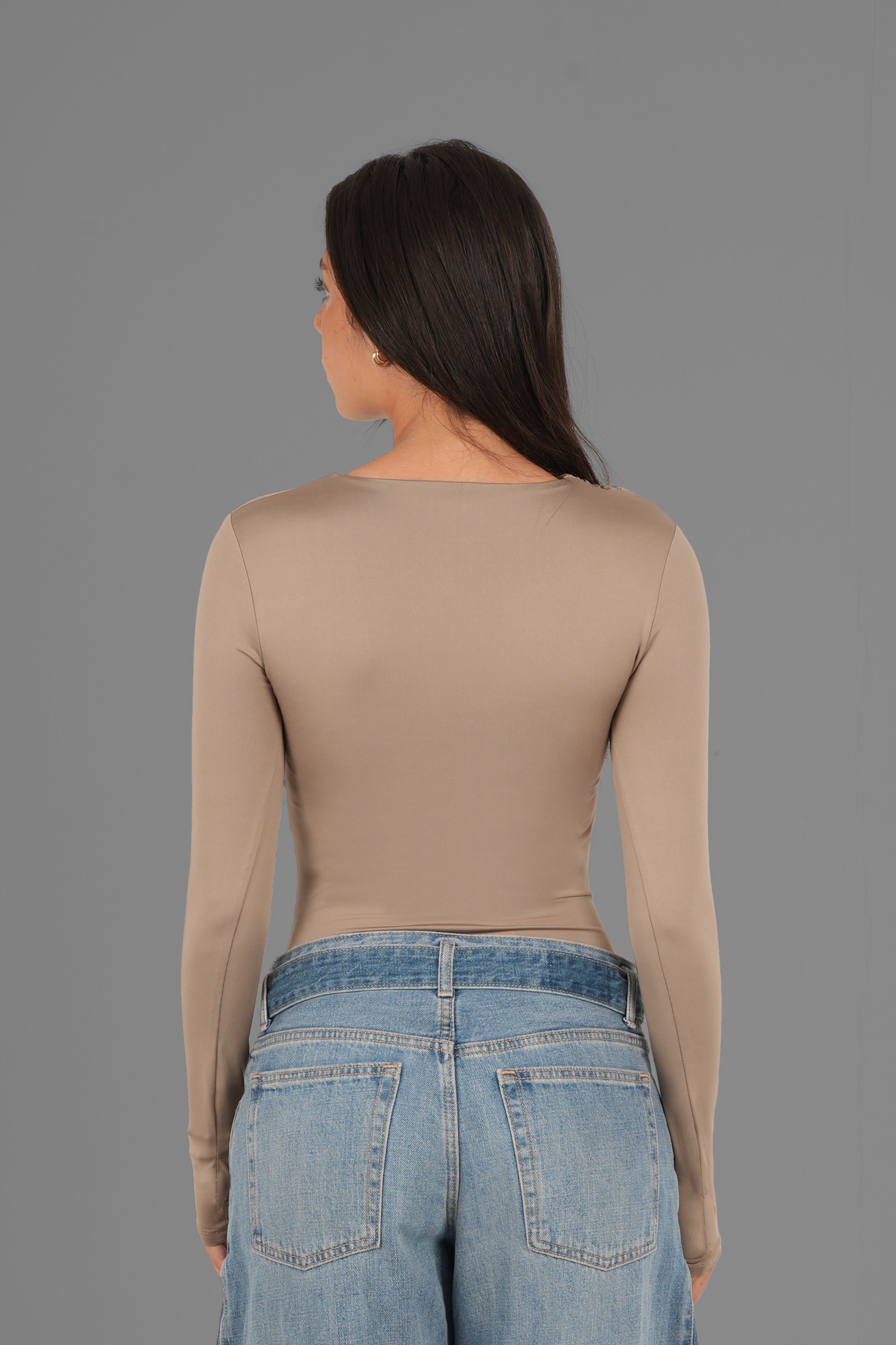 Draped Long Sleeve Top with Thumbhole - Café