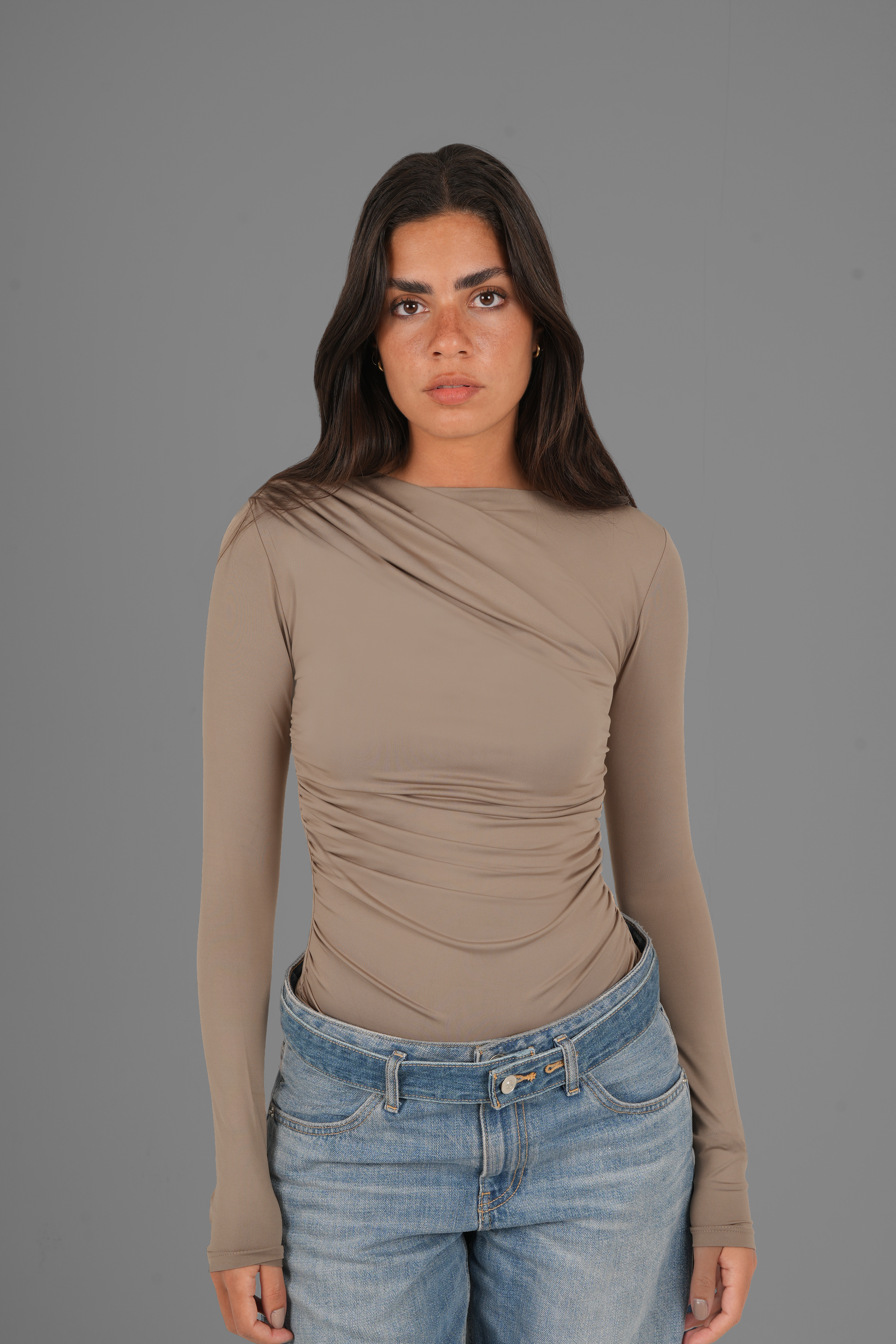 Draped Long Sleeve Top with Thumbhole - Café