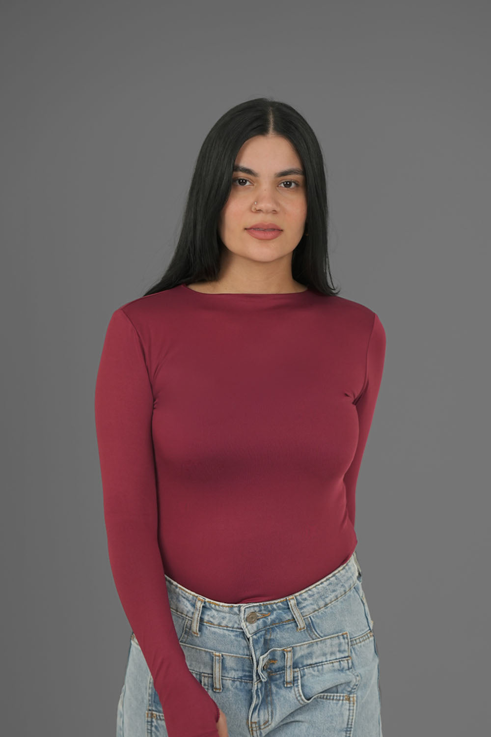Women’s Maroon Long Sleeve Bodysuit with Thumbhole – Lightweight Soft Stretch Basic, Made in Egypt