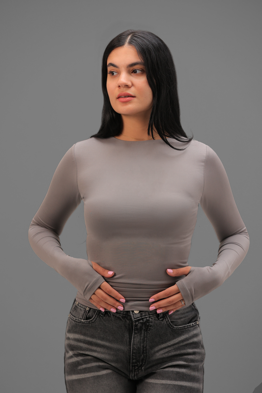 Grey Long Sleeve Top with Finger Hole