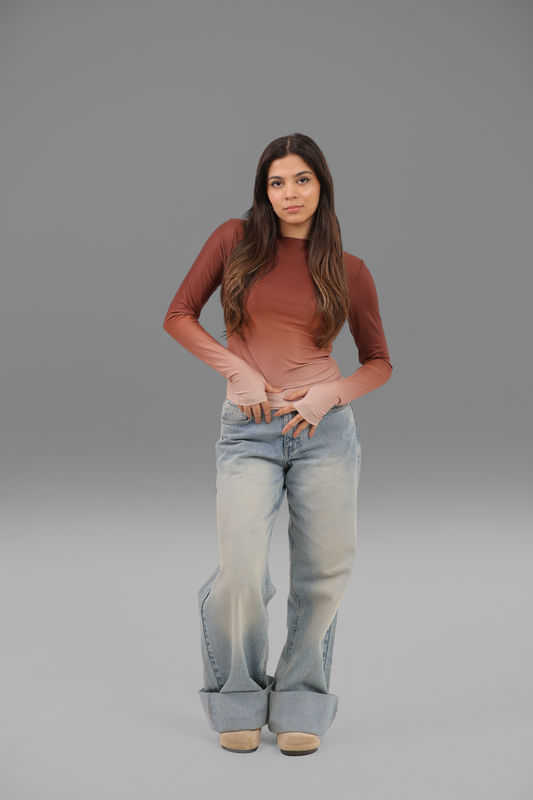 Brown Gradient Long Sleeve Top with Finger Hole