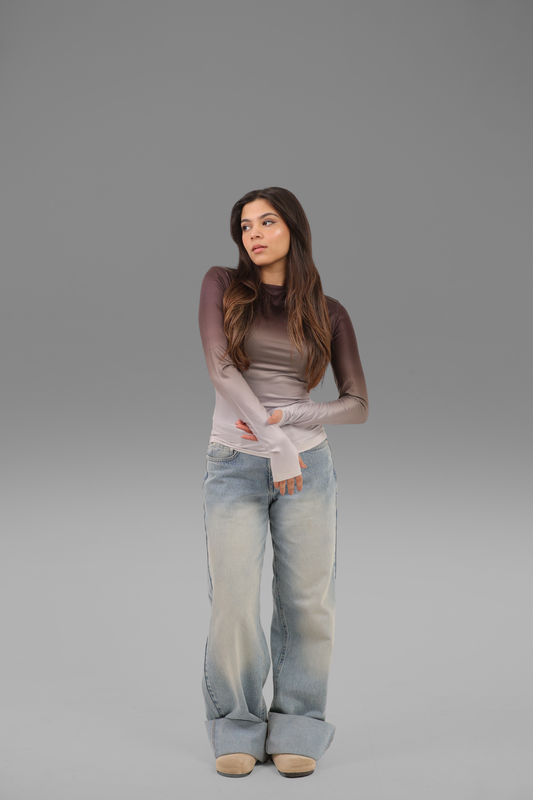 Black Gradient Long Sleeve Top with Finger Hole