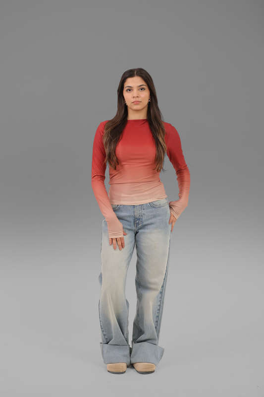 Maroon Gradient Long Sleeve Top with Finger Hole