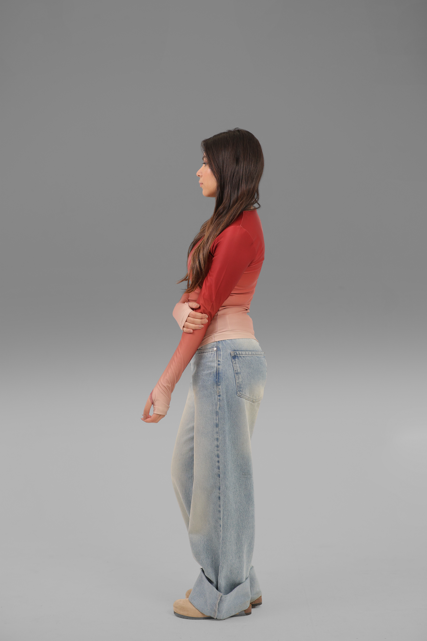 Maroon Gradient Long Sleeve Top with Finger Hole
