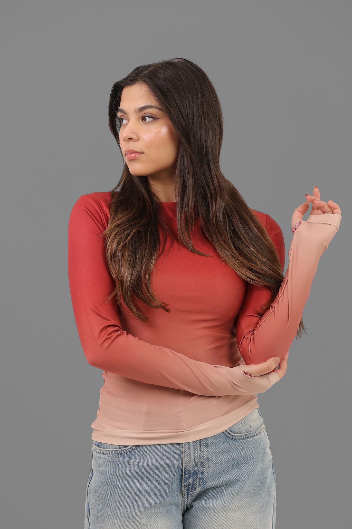 Maroon Gradient Long Sleeve Top with Finger Hole