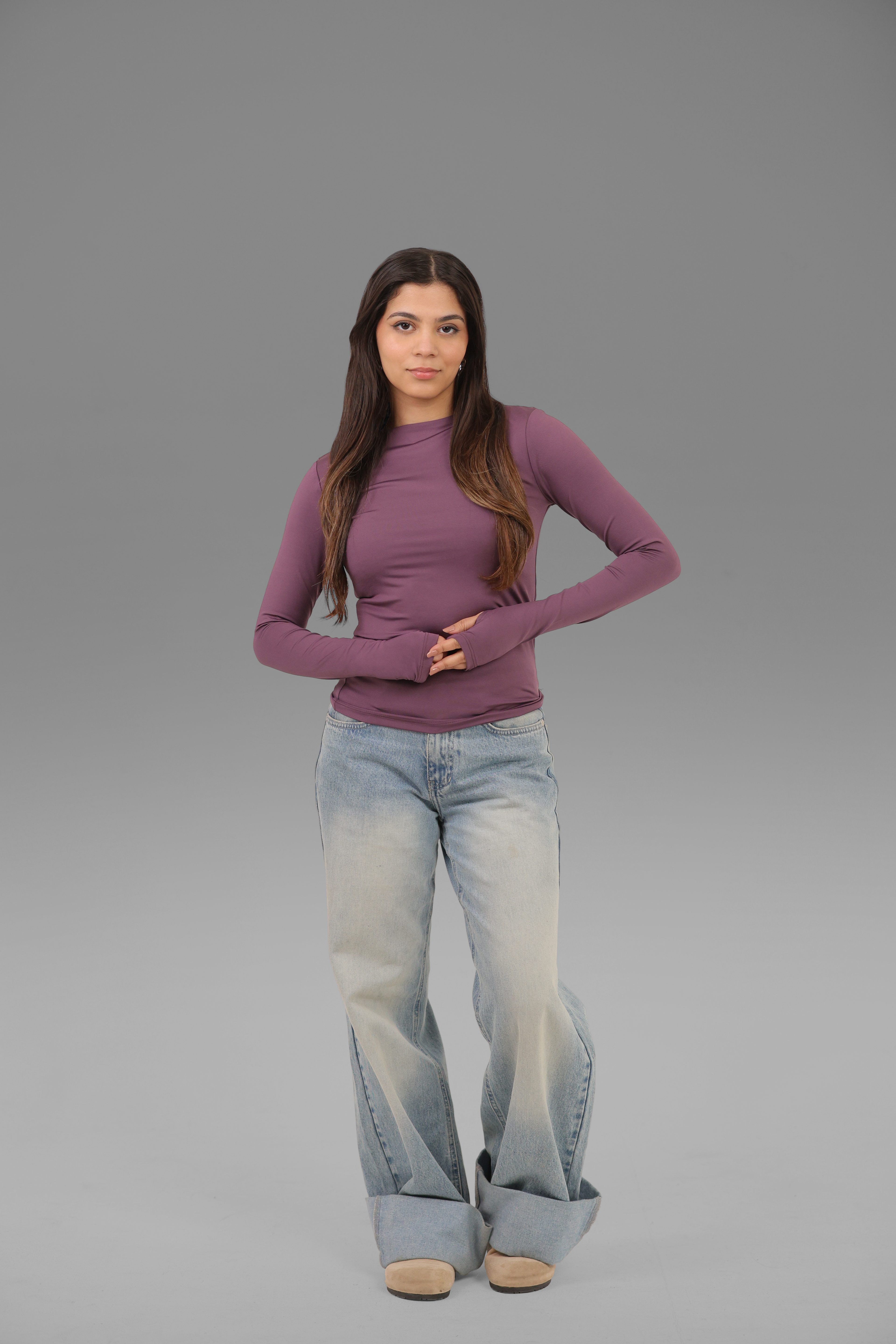 Women’s Purple Crewneck Long Sleeve Top with Thumbhole – Lightweight Soft Stretch Basic, Made in Egypt
