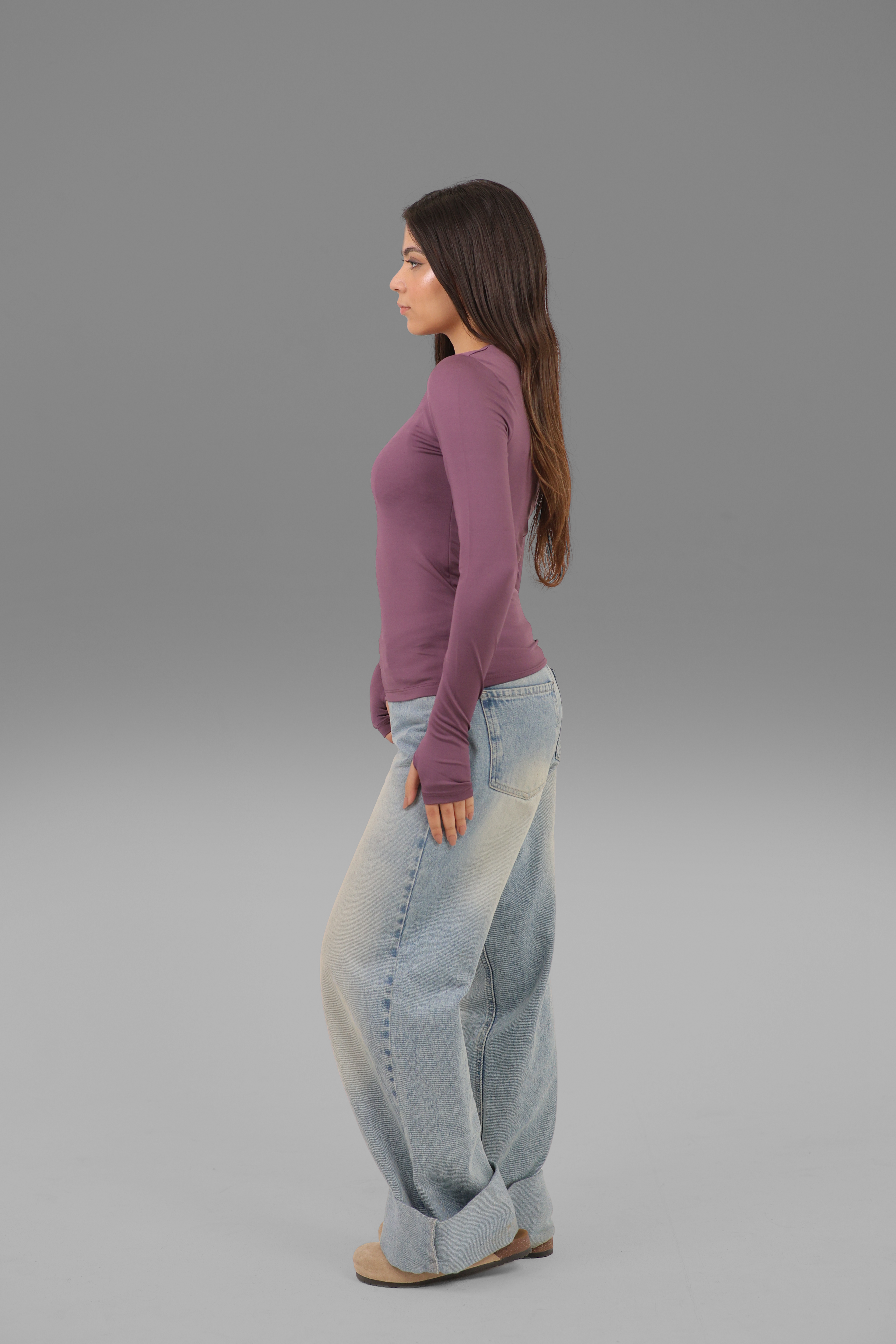 Women’s Purple Crewneck Long Sleeve Top with Thumbhole – Lightweight Soft Stretch Basic, Made in Egypt