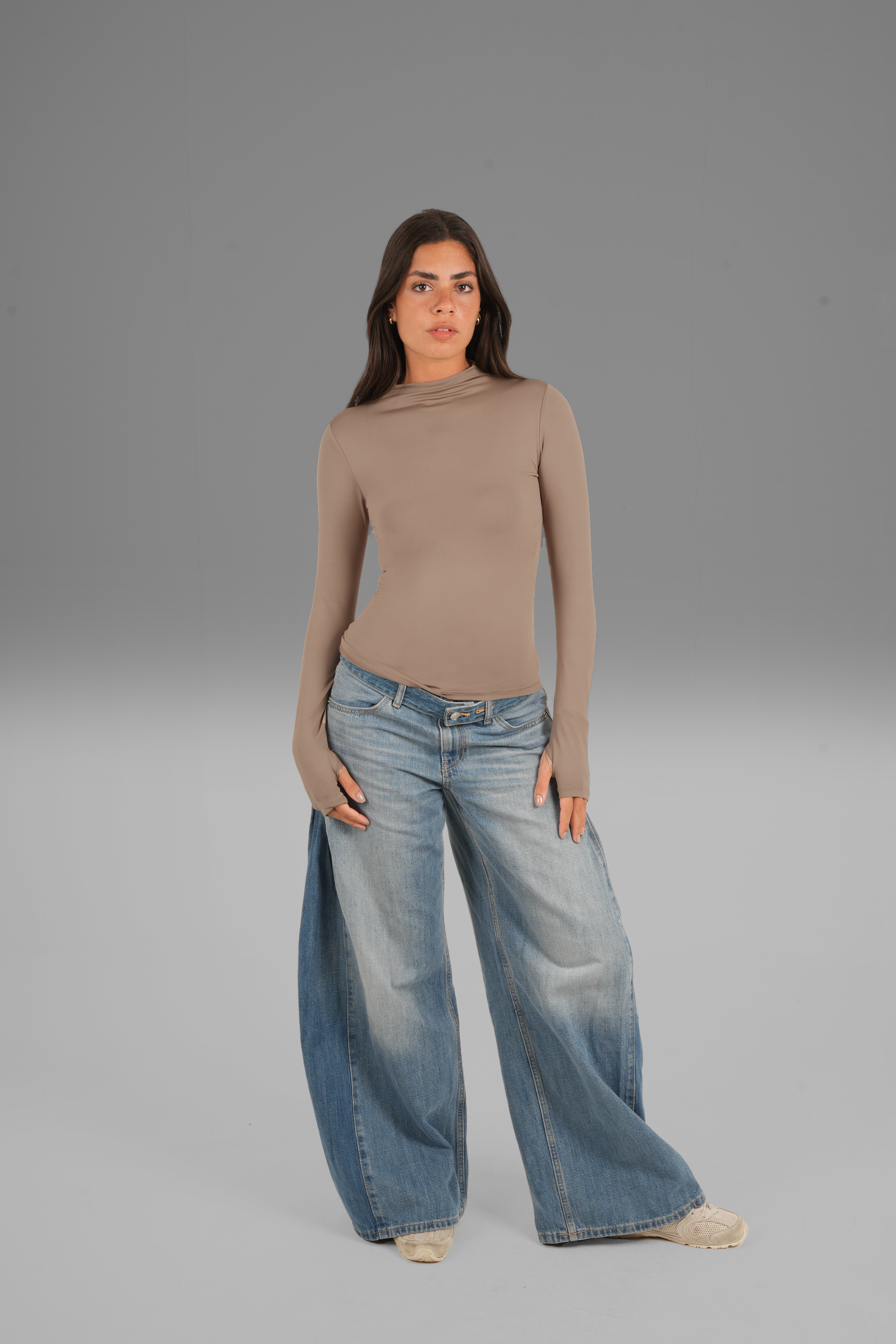 Turtleneck Long Sleeve Top with Thumbhole - Café