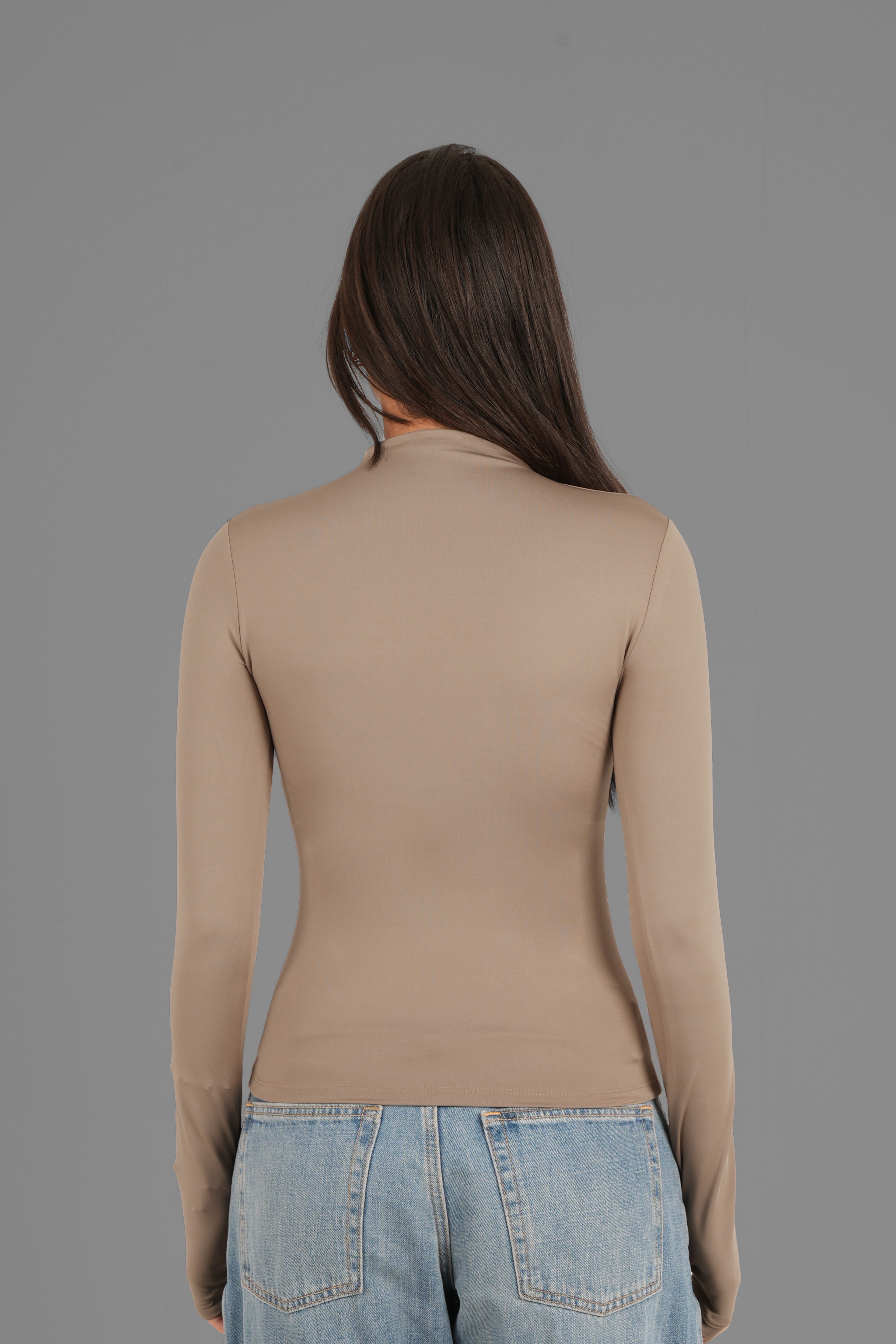Turtleneck Long Sleeve Top with Thumbhole - Café