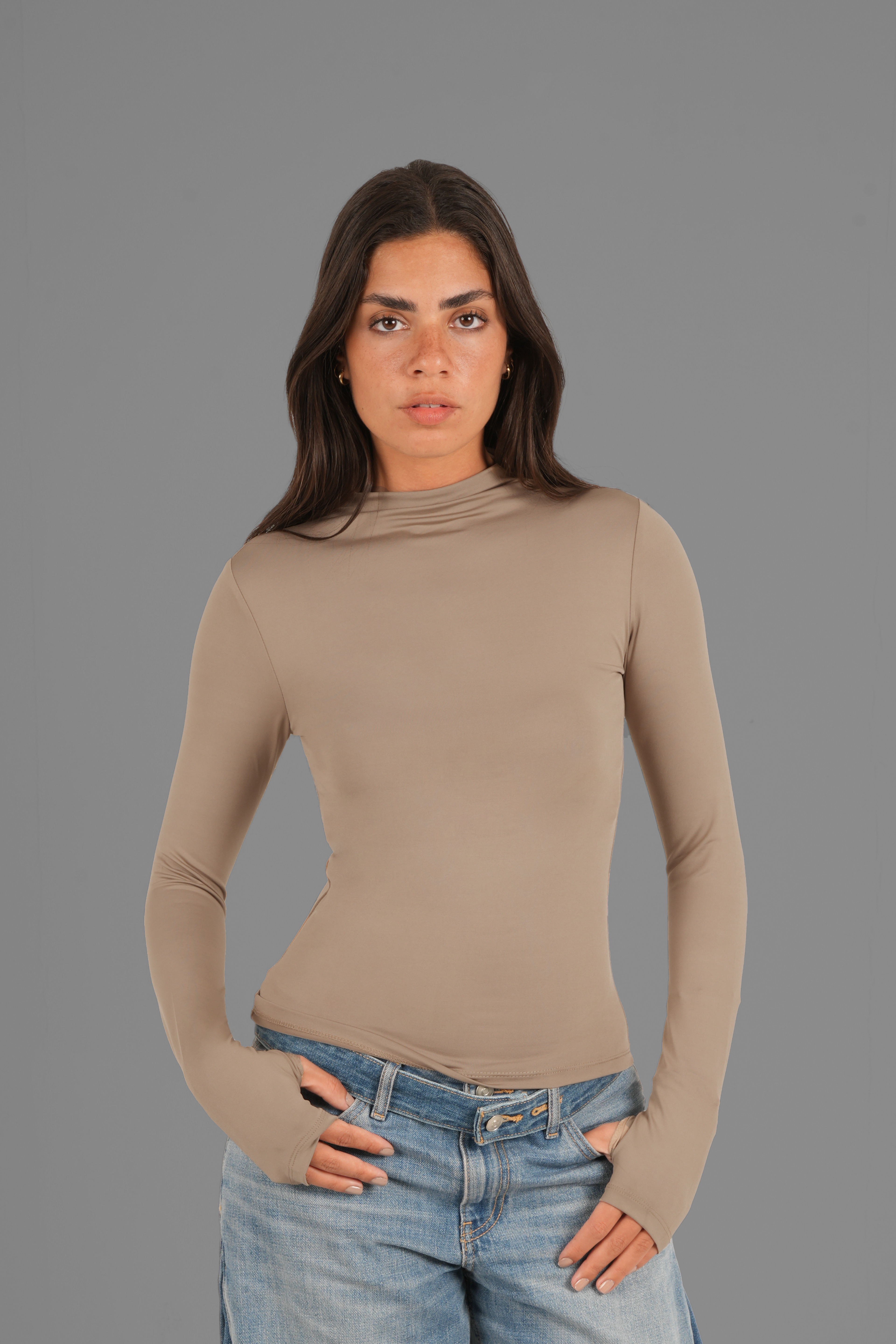 Turtleneck Long Sleeve Top with Thumbhole - Café