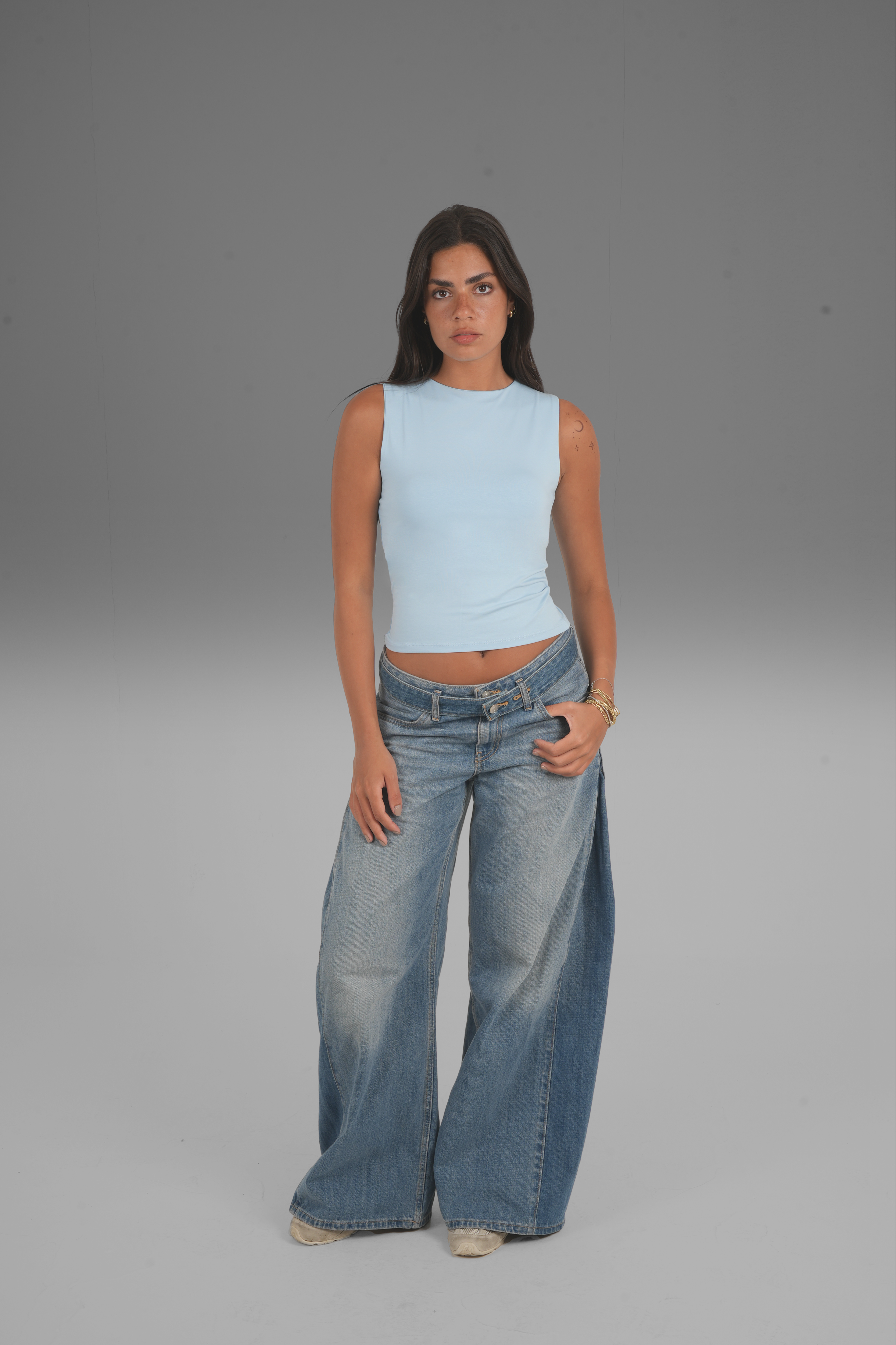 Cotton High Round Neck Tank Top - Baby Blue