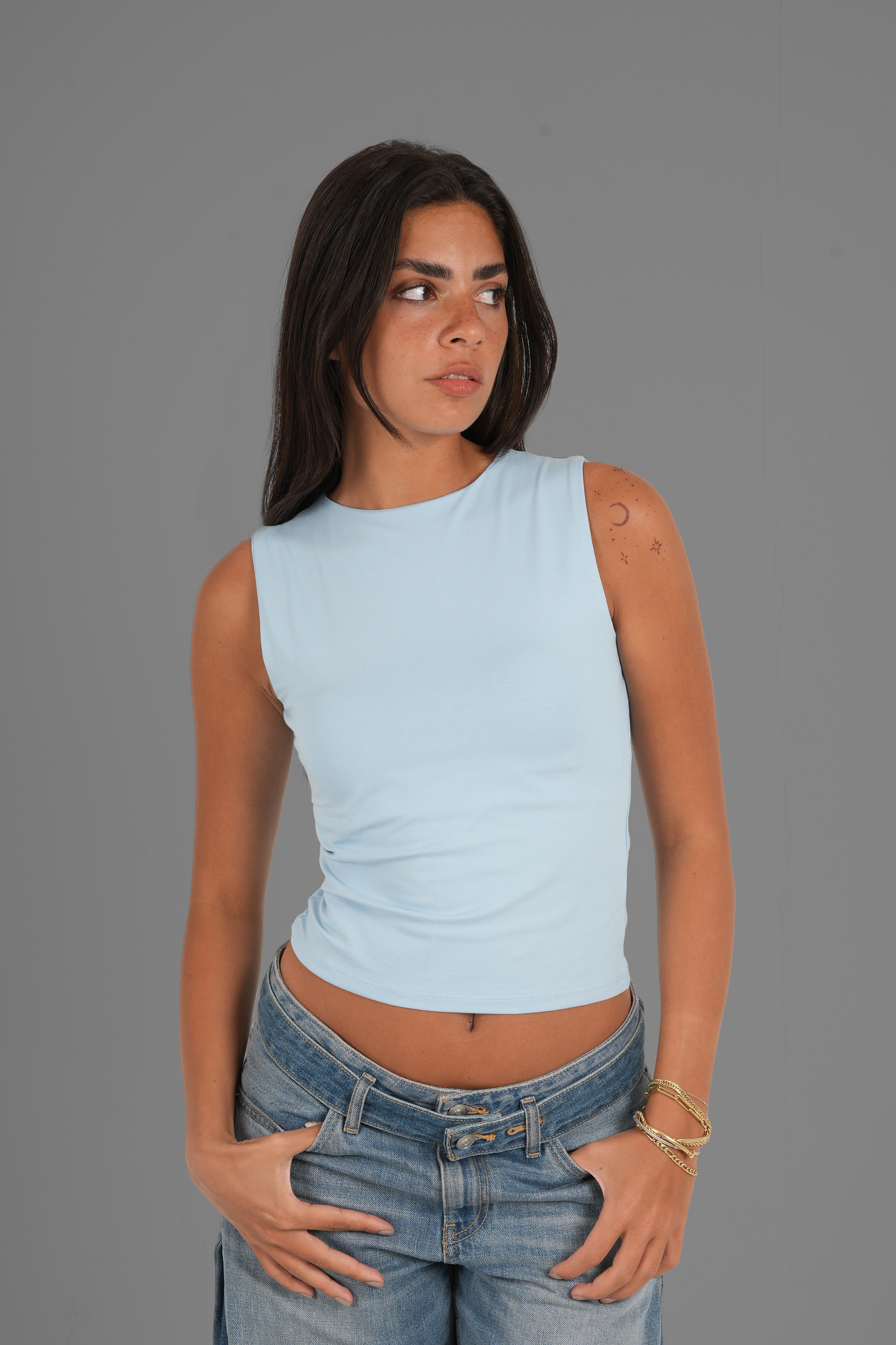 Cotton High Round Neck Tank Top - Baby Blue