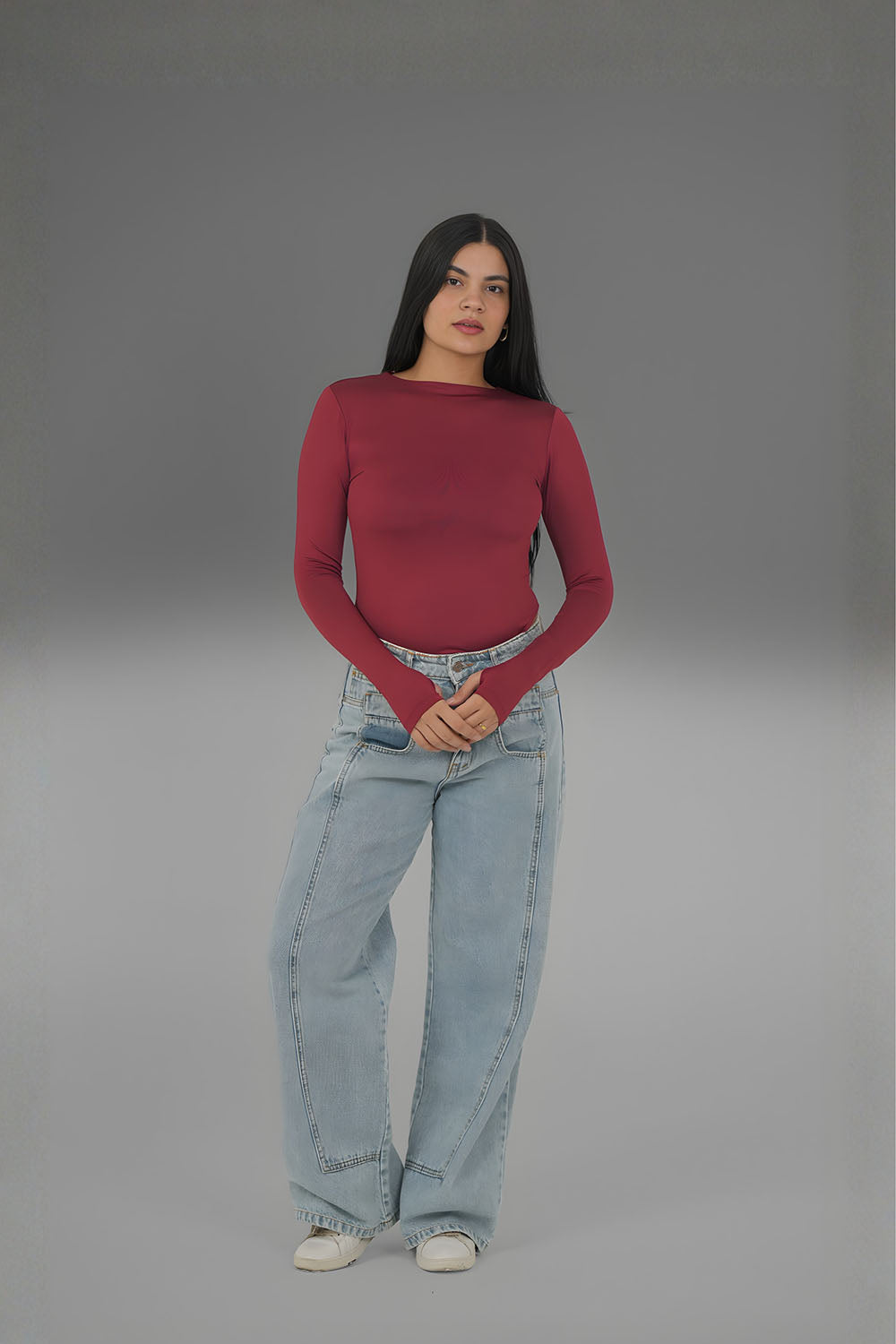 Women’s Maroon Long Sleeve Bodysuit with Thumbhole – Lightweight Soft Stretch Basic, Made in Egypt