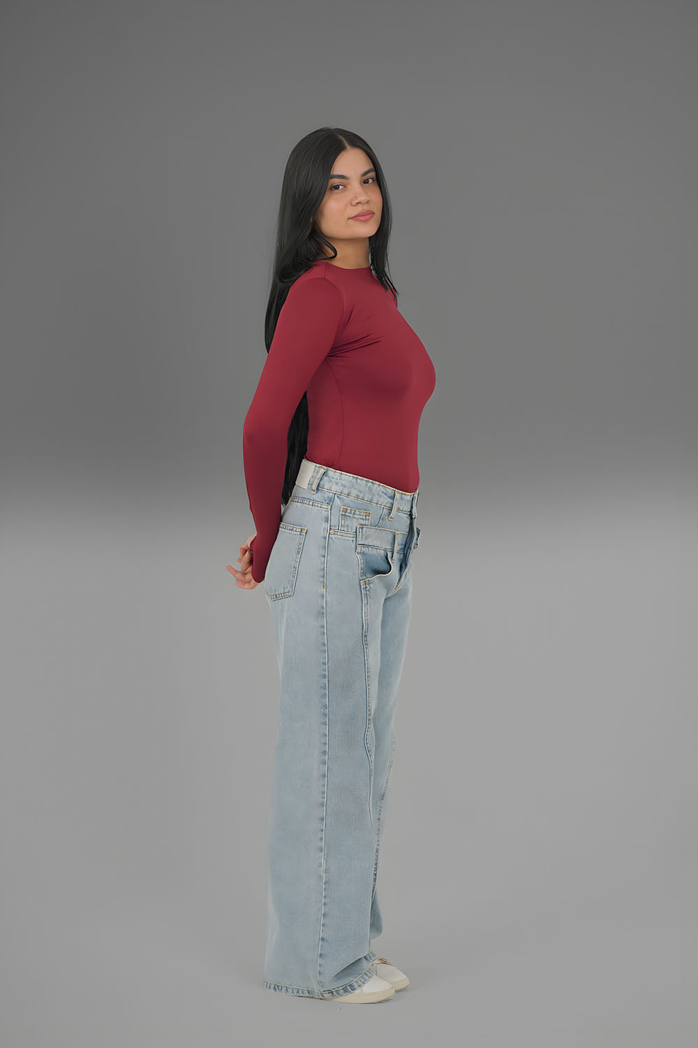 Women’s Maroon Long Sleeve Bodysuit with Thumbhole – Lightweight Soft Stretch Basic, Made in Egypt