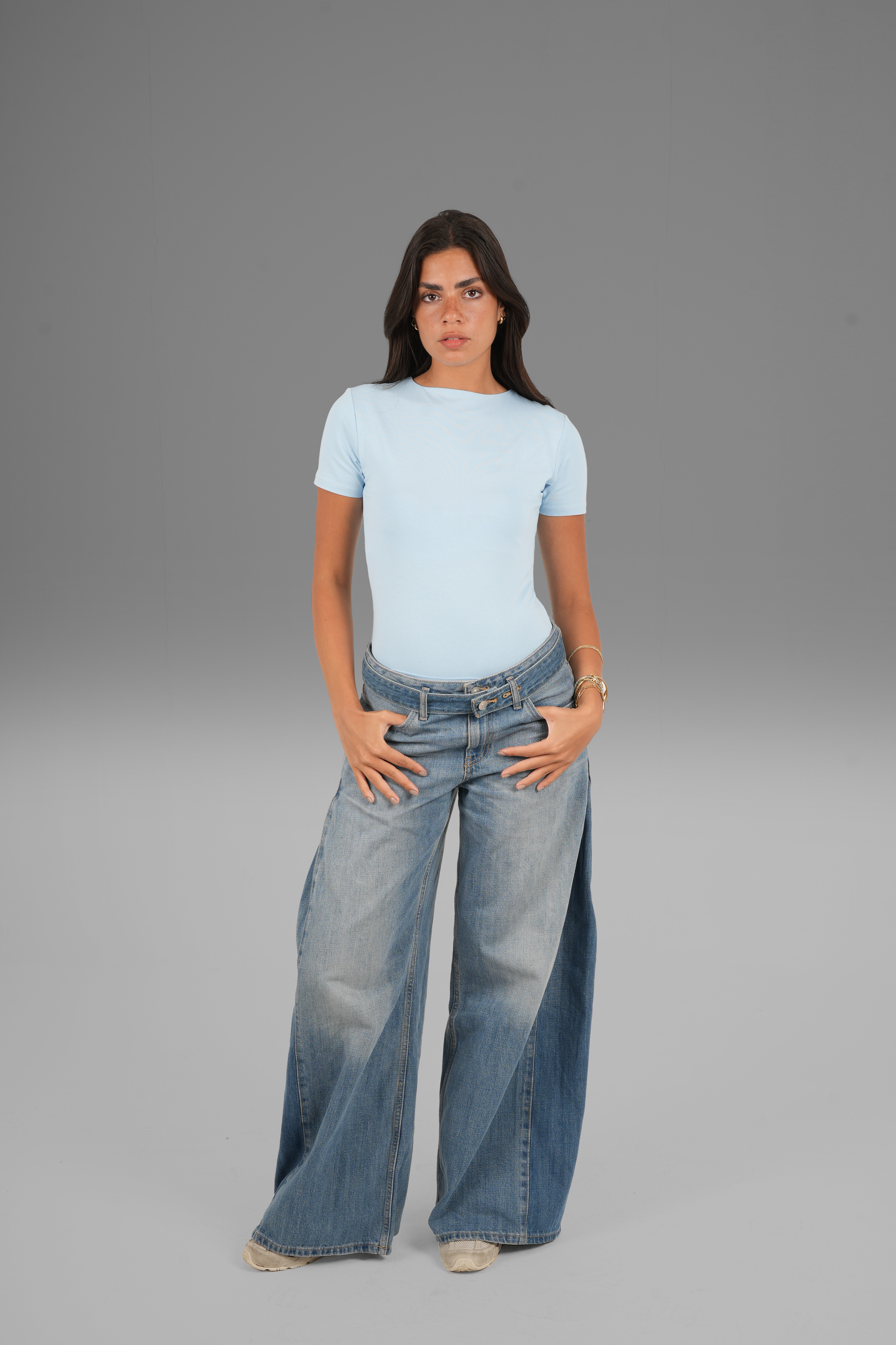 Cotton High Round Neck Short Sleeve Top - Baby Blue