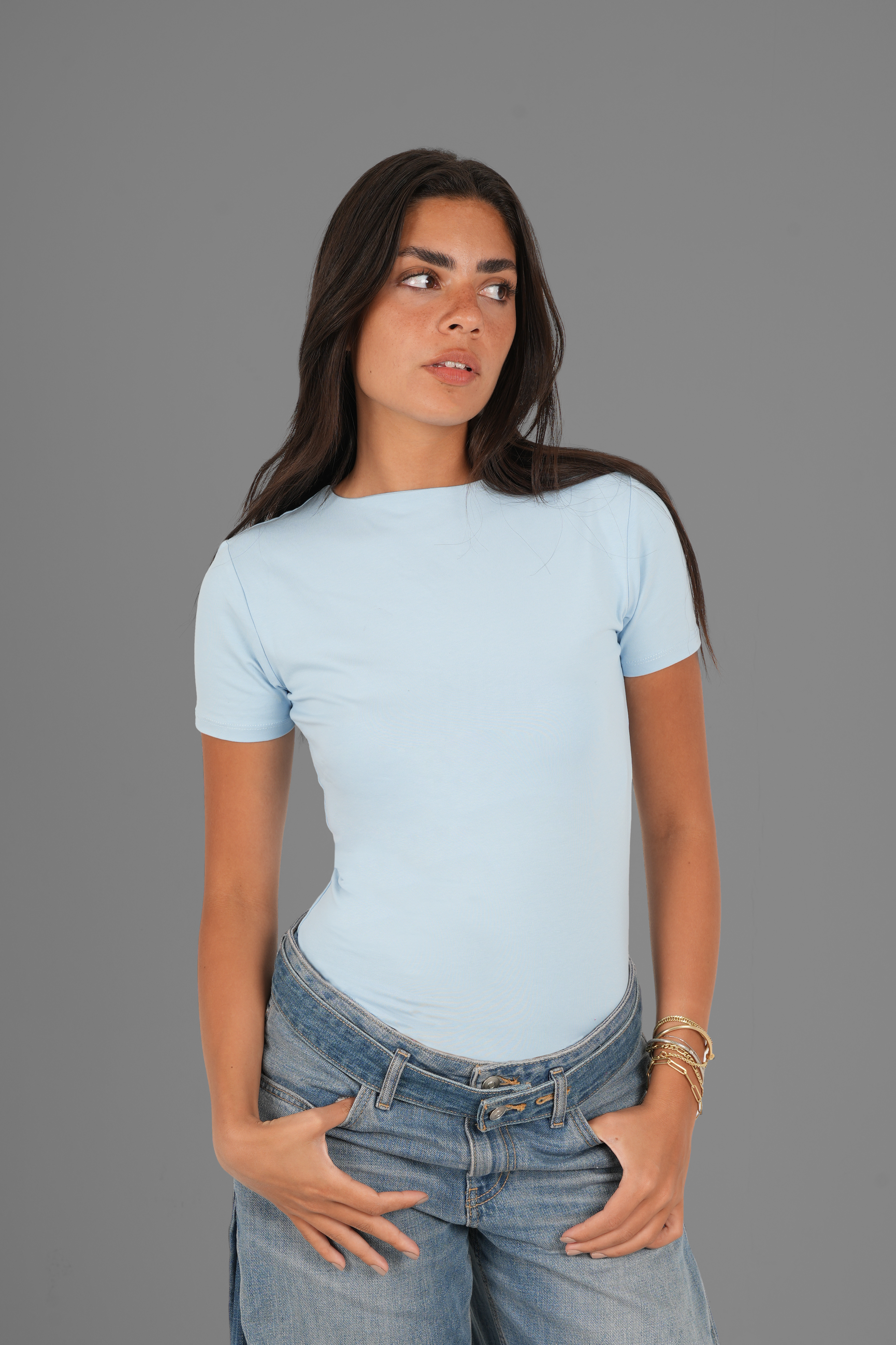 Cotton High Round Neck Short Sleeve Top - Baby Blue