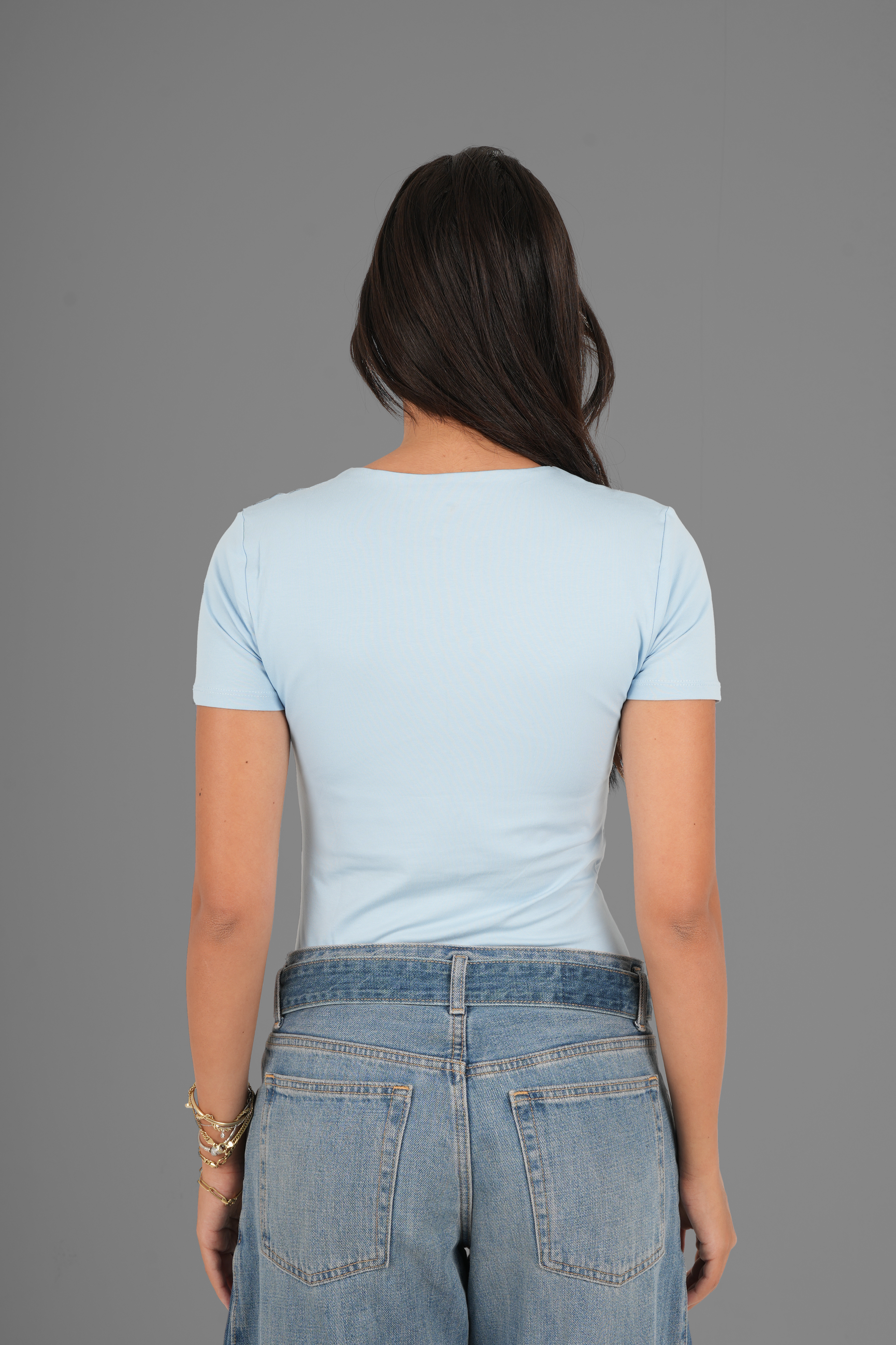 Cotton High Round Neck Short Sleeve Top - Baby Blue