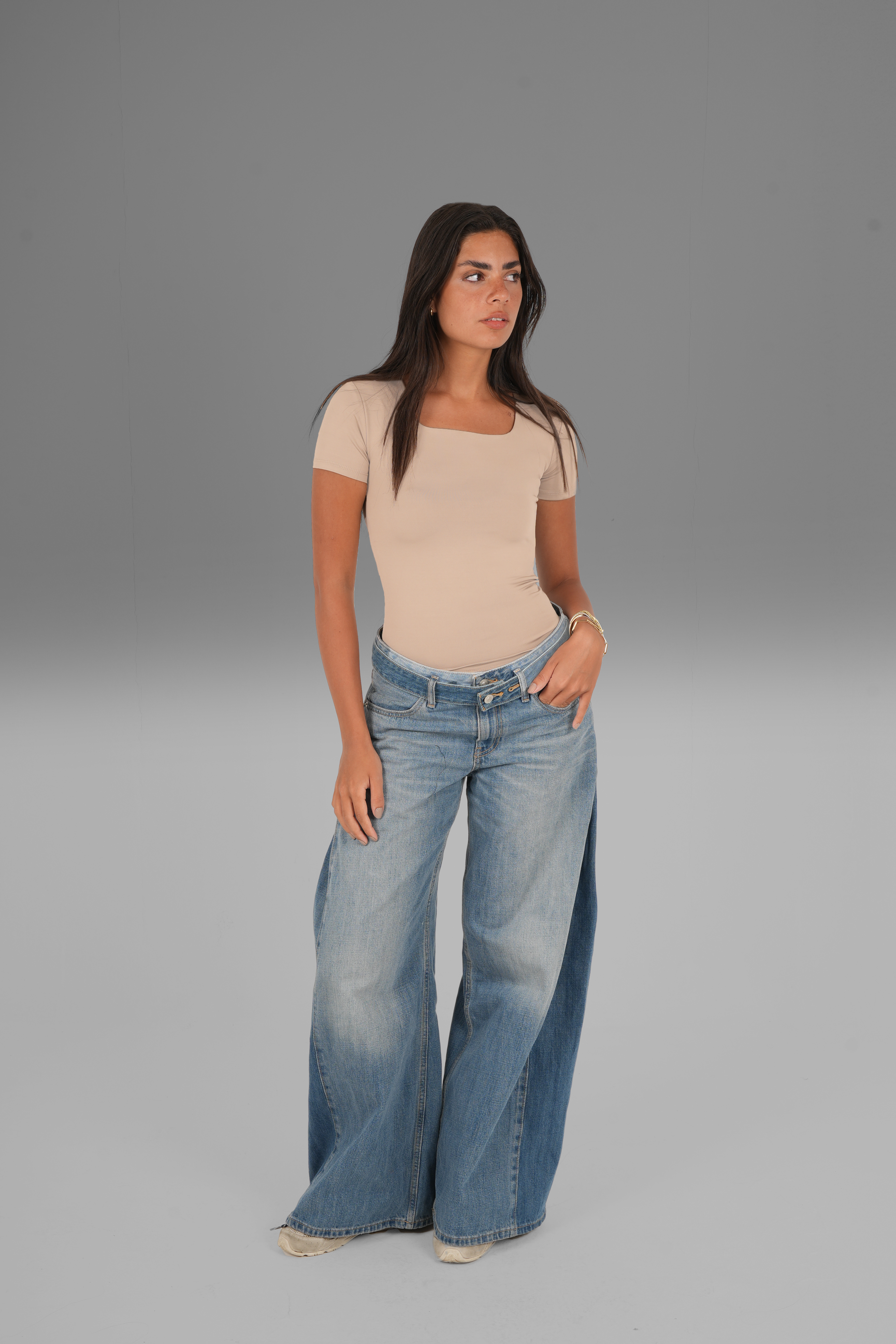 Square-Neck Short Sleeve Top - Beige