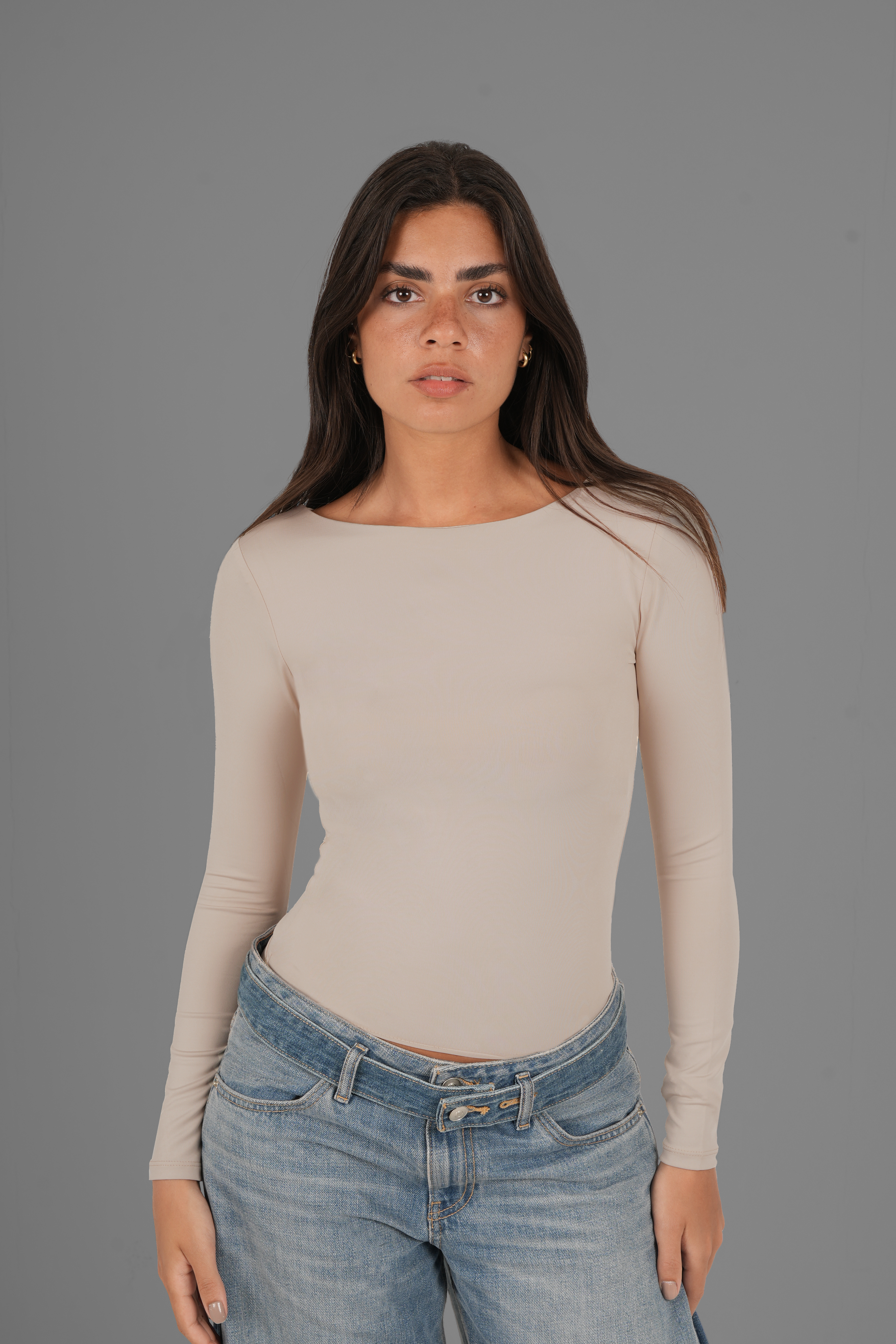 Wide Round-Neck Long Sleeve Top - Beige